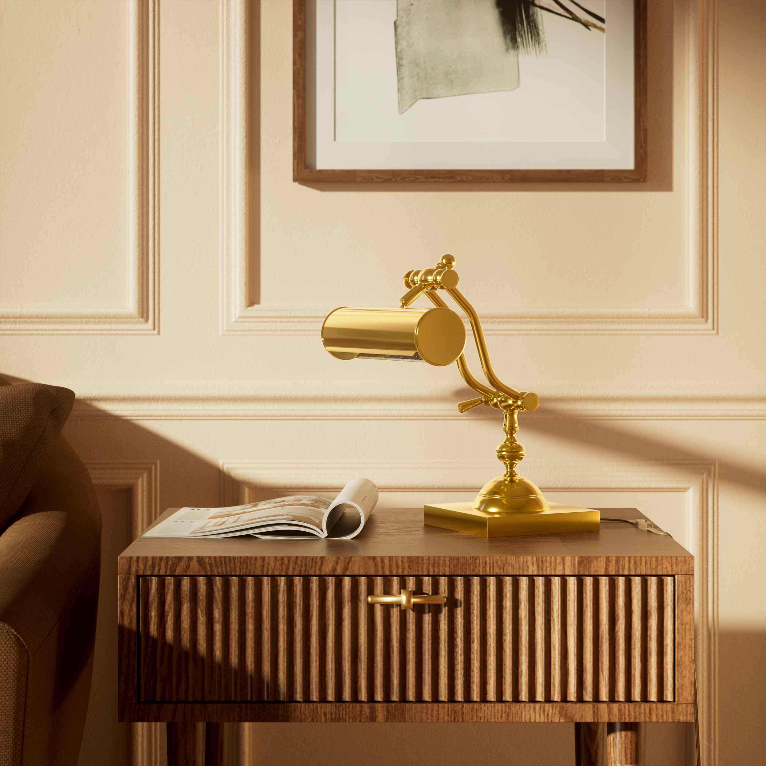 Articulated brass table lamp with adjustable arms and cylindrical shade industrial style for desk lighting by Ghidini 1849 - Finish: ORO 24K Gold Plated