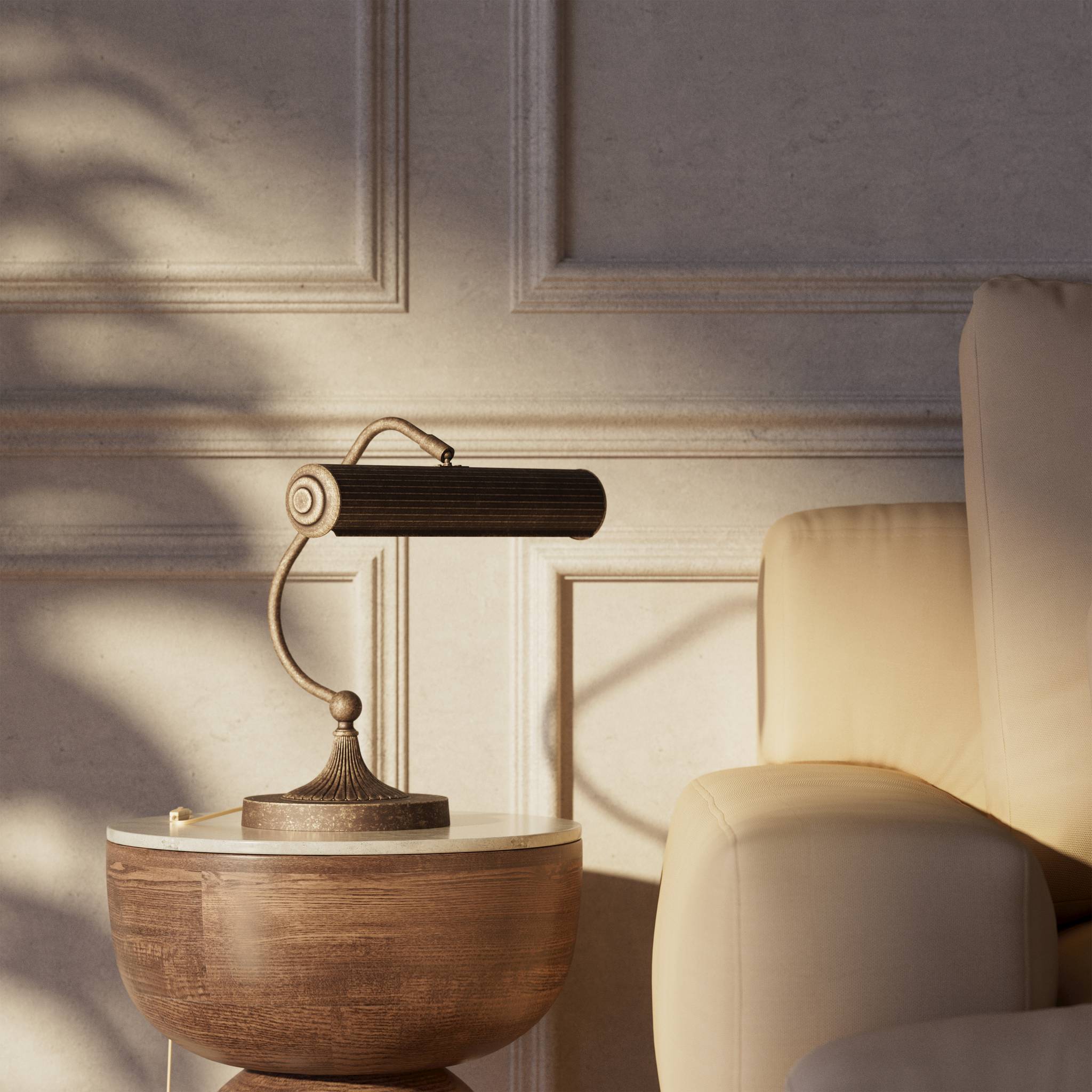 Art Deco brass table lamp with fluted cylindrical shade and adjustable joint on radially ribbed base by Ghidini 1849 - Finish: OAS Antique Brass