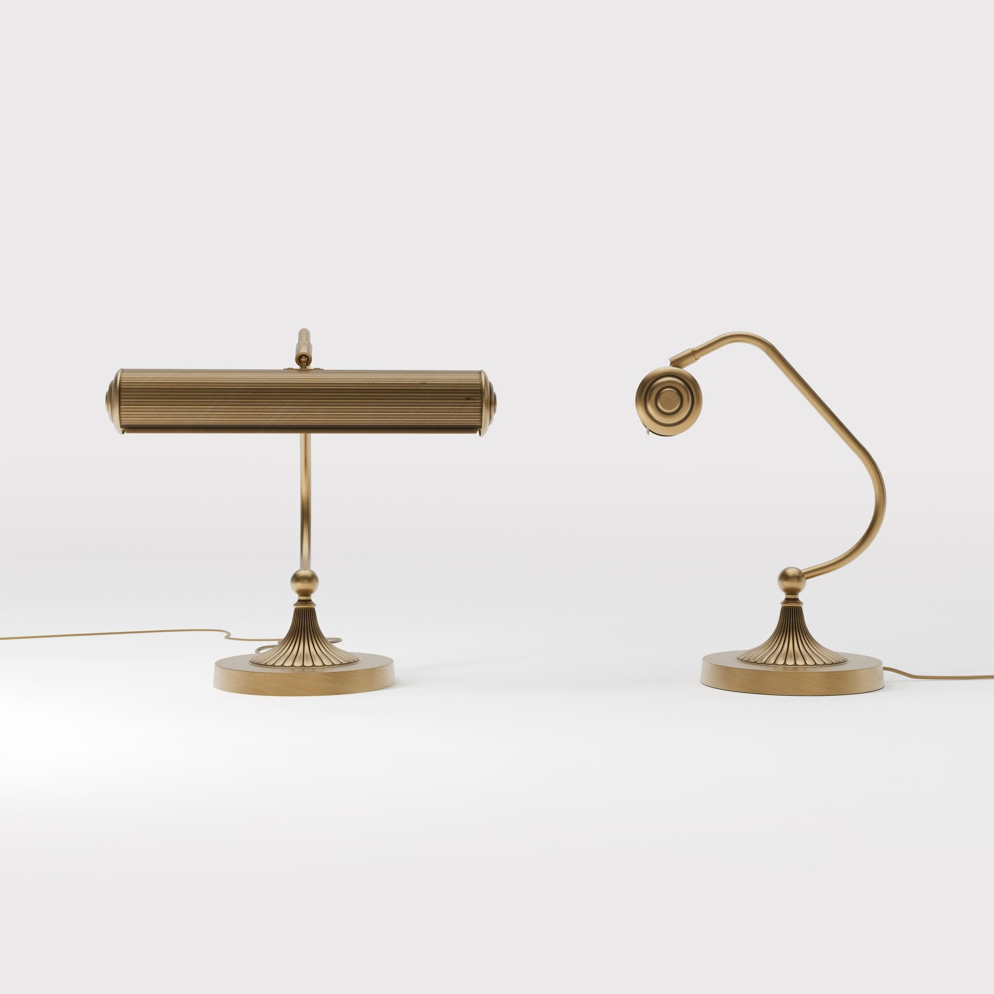 Art Deco brass table lamp with fluted cylindrical shade and adjustable joint on radially ribbed base by Ghidini 1849 - Finish: OBS Bronze Satin Brass