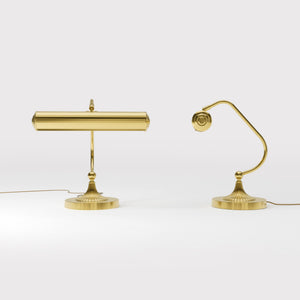 Art Deco brass table lamp with fluted cylindrical shade and adjustable joint on radially ribbed base by Ghidini 1849 - Finish: OLV Polished Brass