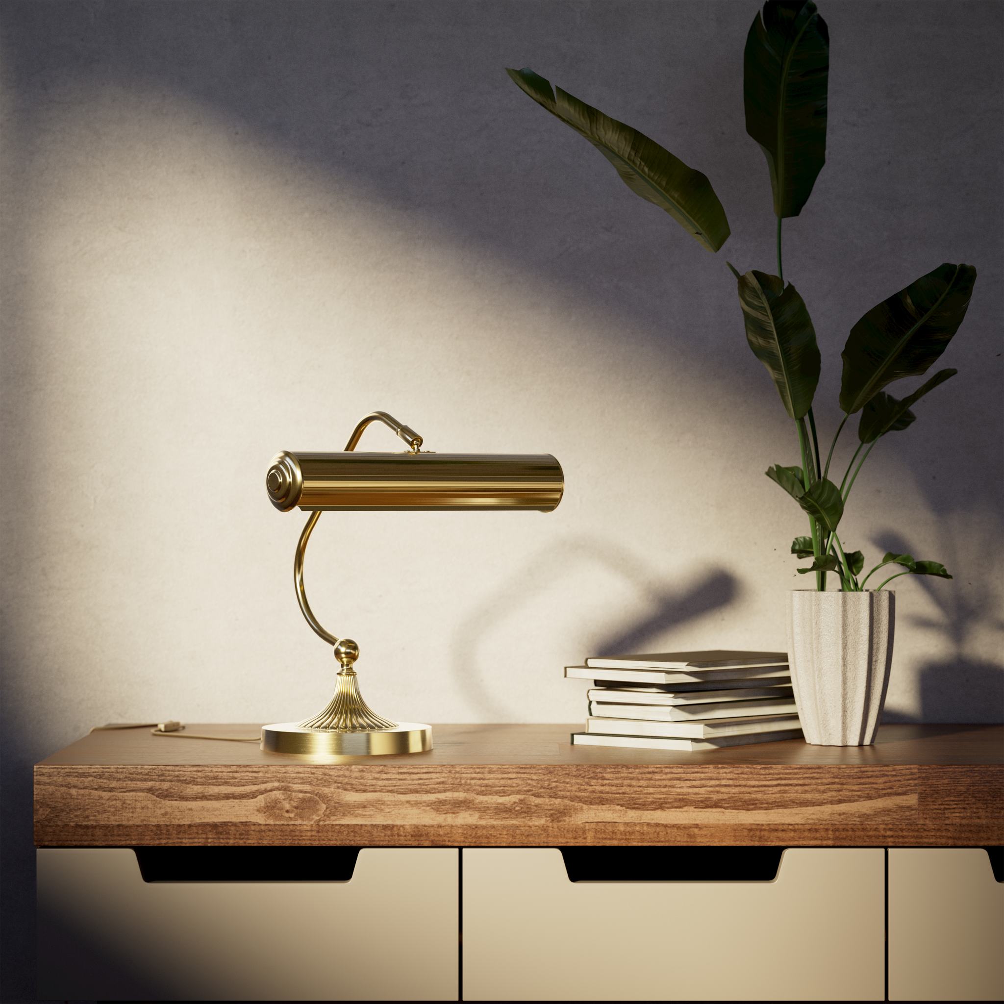 Art Deco brass table lamp with fluted cylindrical shade and adjustable joint on radially ribbed base by Ghidini 1849 - Finish: OLV Polished Brass
