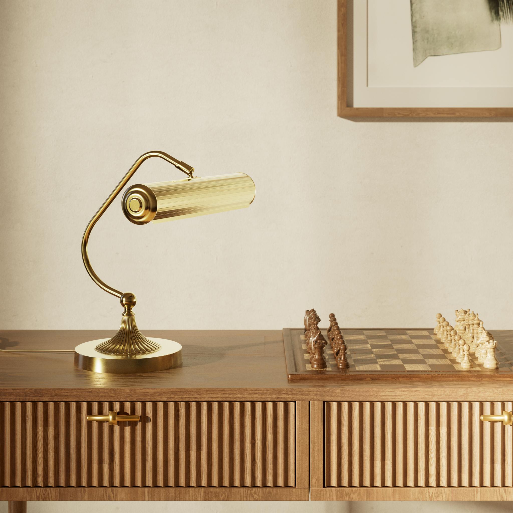 Art Deco brass table lamp with fluted cylindrical shade and adjustable joint on radially ribbed base by Ghidini 1849 - Finish: OLV Polished Brass