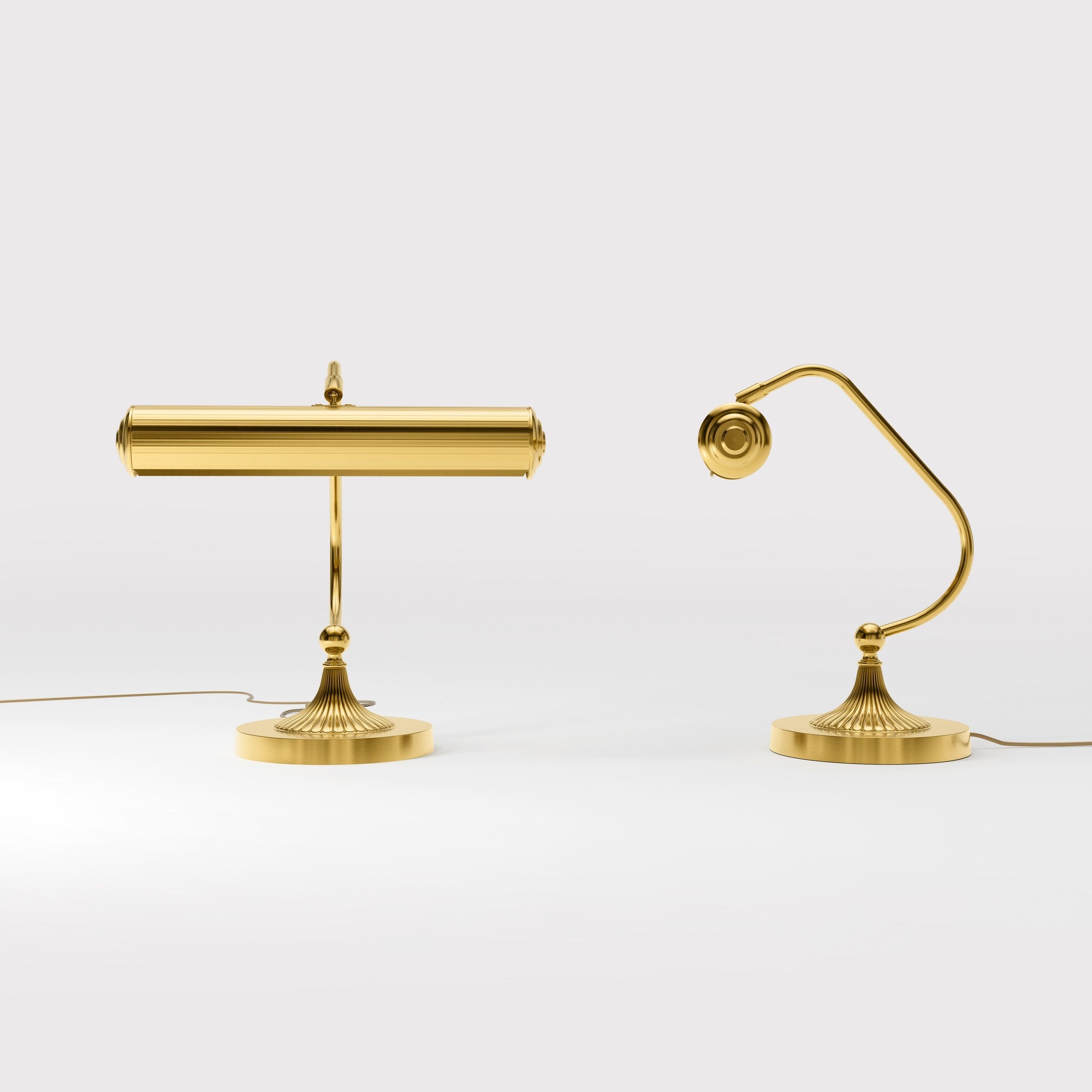 Art Deco brass table lamp with fluted cylindrical shade and adjustable joint on radially ribbed base by Ghidini 1849 - Finish: ORO 24K Gold Plated