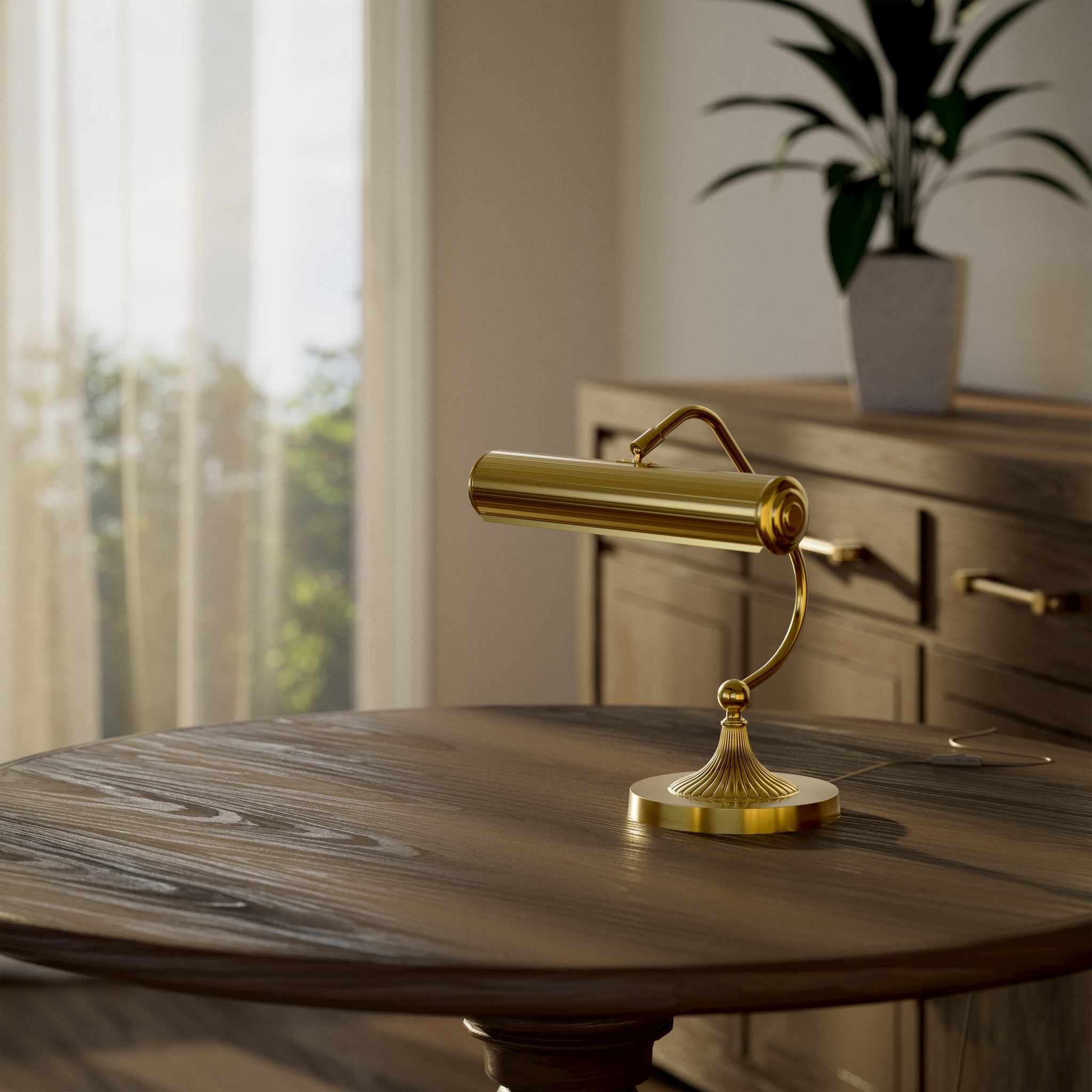 Art Deco brass table lamp with fluted cylindrical shade and adjustable joint on radially ribbed base by Ghidini 1849 - Finish: ORO 24K Gold Plated