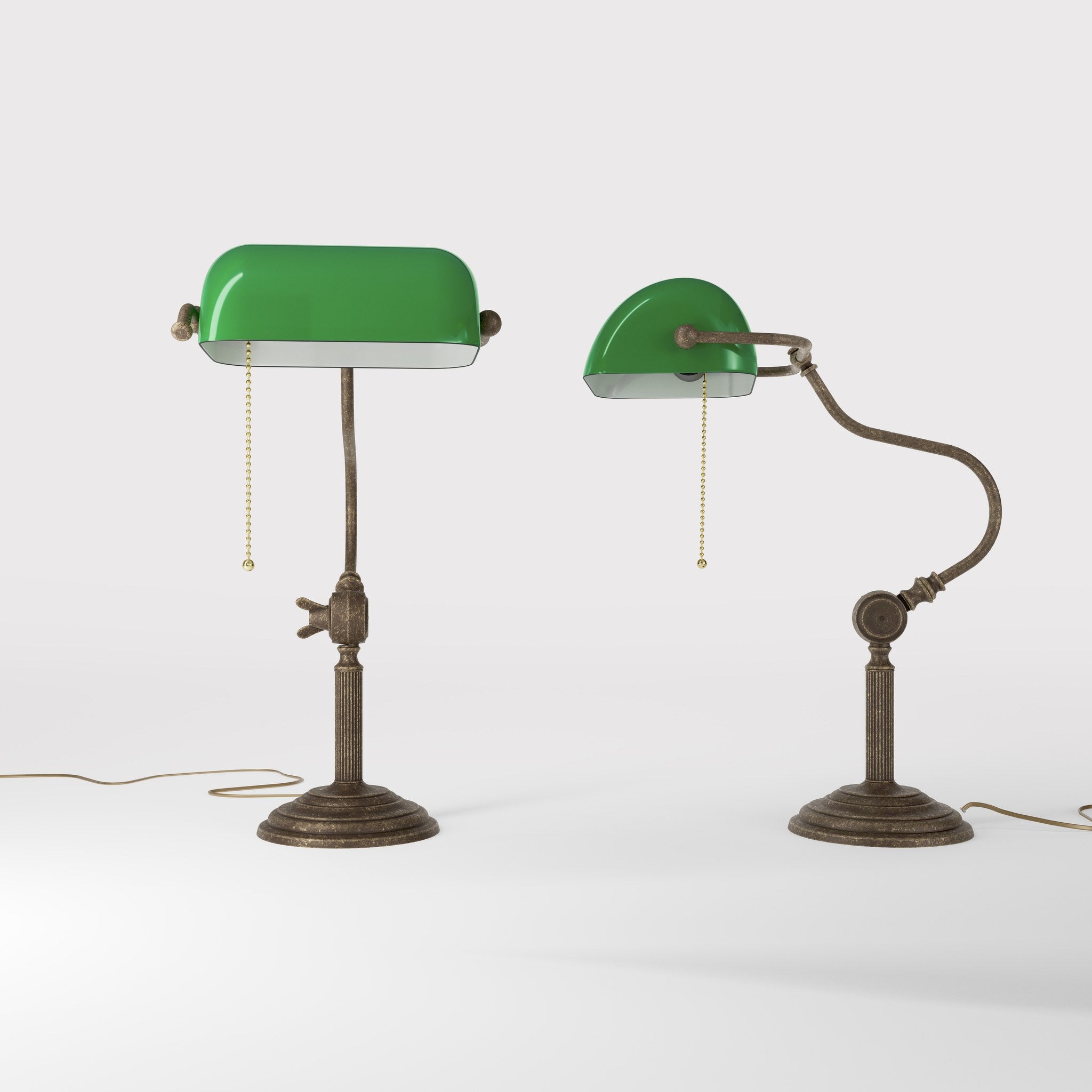 Classic brass banker desk lamp with green glass shade articulated arm and stepped base with fluted column by Ghidini 1849 - Finish: OAS Antique Brass