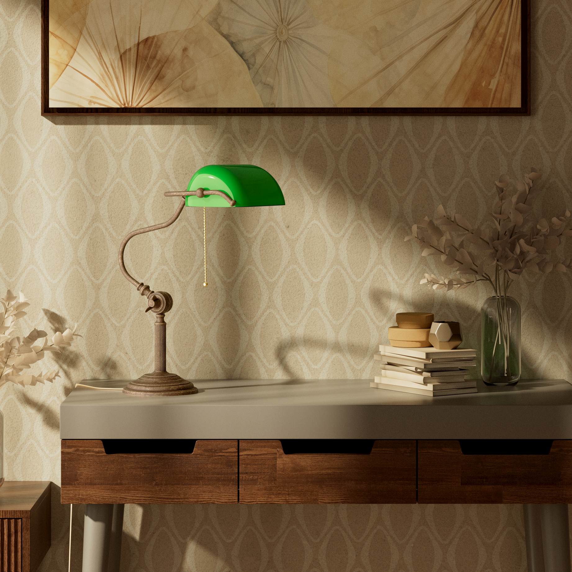 Classic brass banker desk lamp with green glass shade articulated arm and stepped base with fluted column by Ghidini 1849 - Finish: OAS Antique Brass