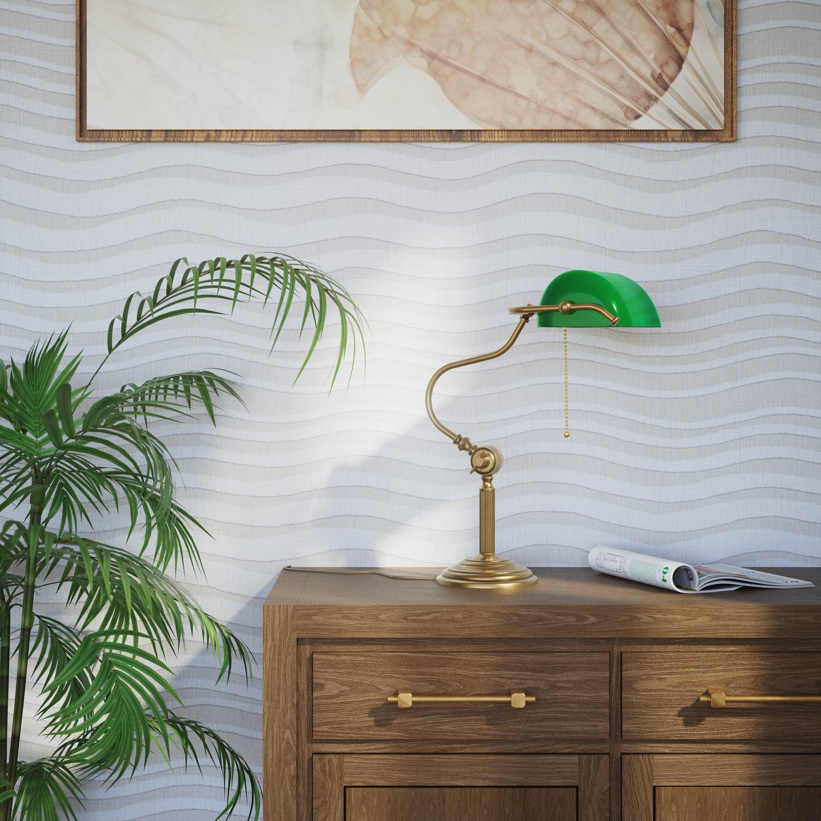 Classic brass banker desk lamp with green glass shade articulated arm and stepped base with fluted column by Ghidini 1849 - Finish: OBS Bronze Satin Brass