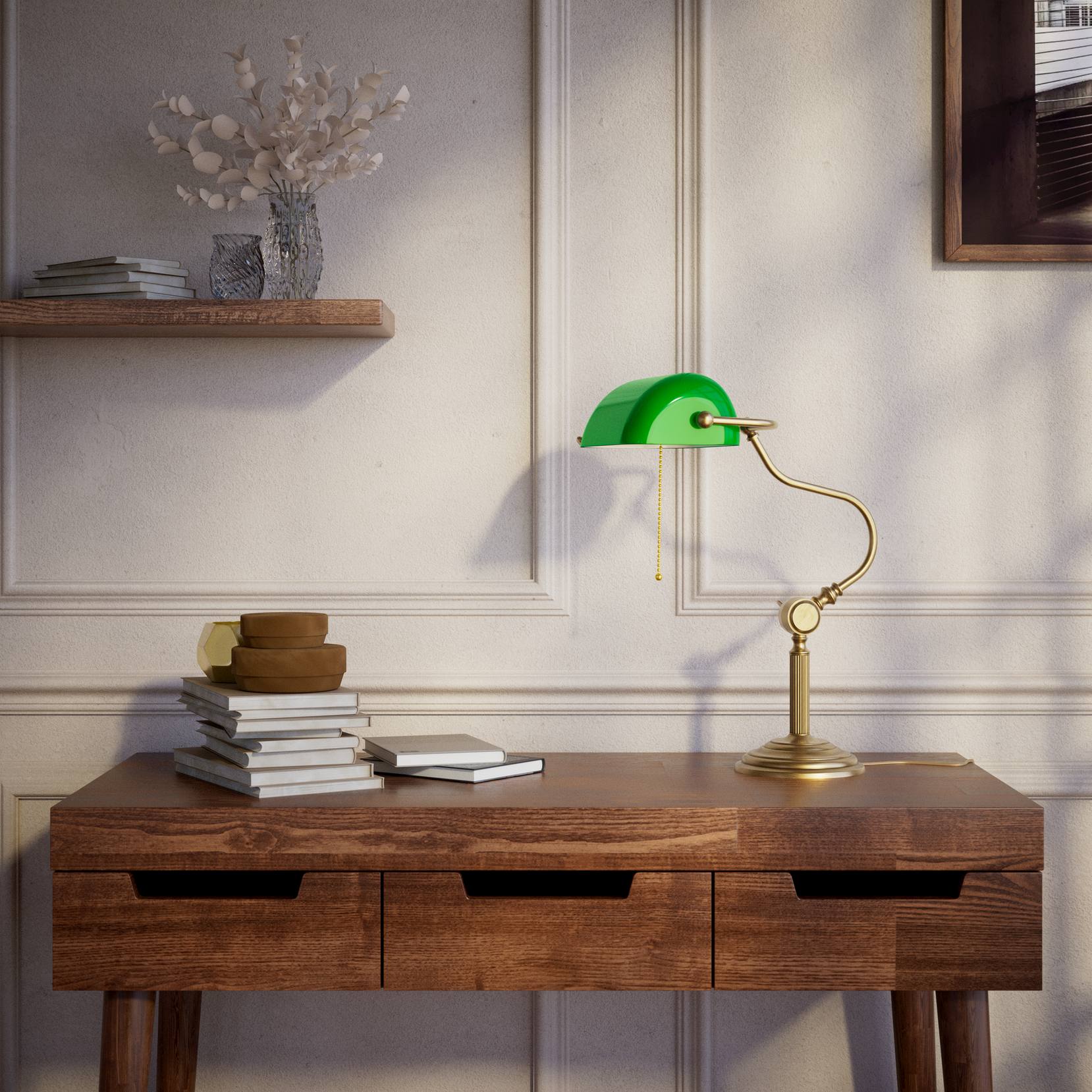 Classic brass banker desk lamp with green glass shade articulated arm and stepped base with fluted column by Ghidini 1849 - Finish: OBS Bronze Satin Brass