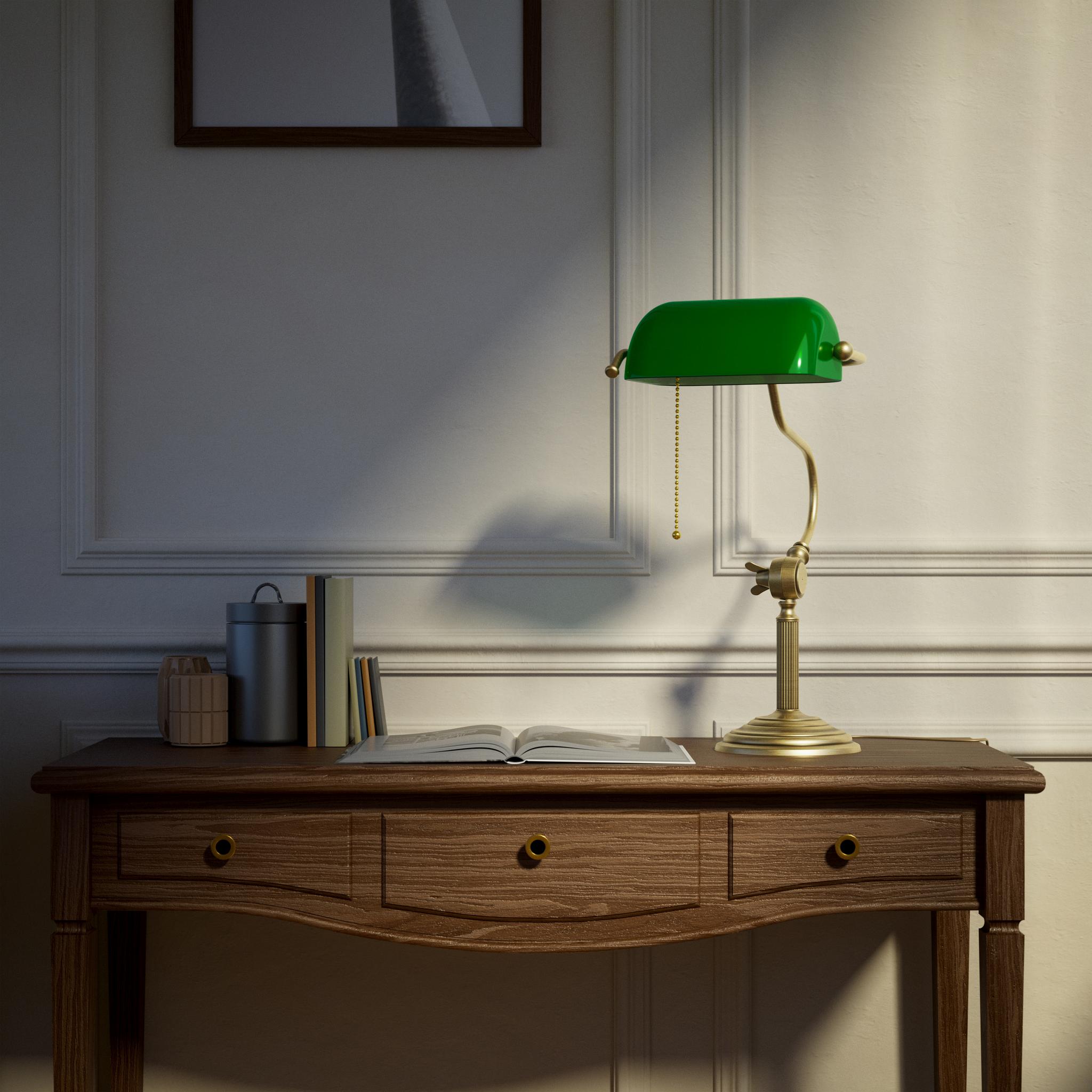 Classic brass banker desk lamp with green glass shade articulated arm and stepped base with fluted column by Ghidini 1849 - Finish: OBV Bronze Satin Light Brass