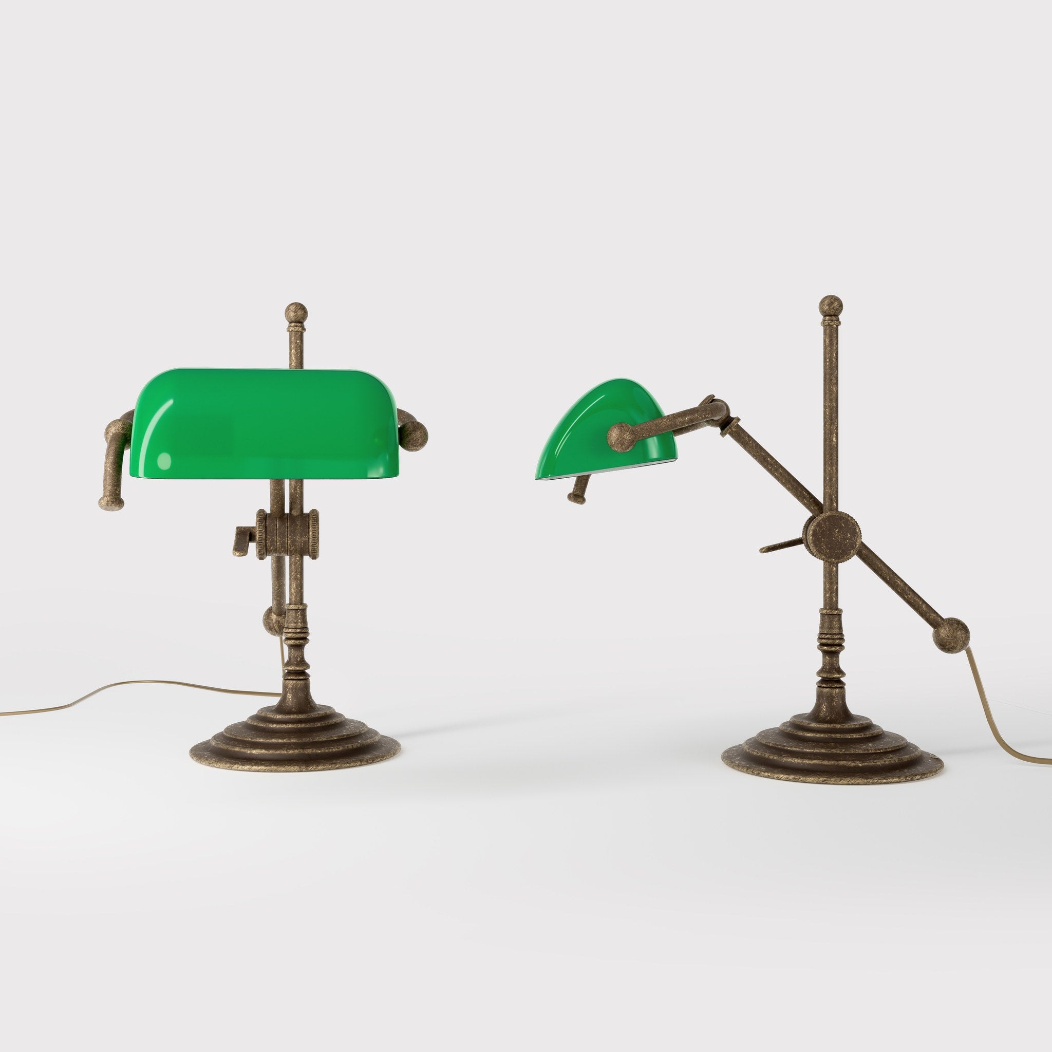 Mini brass desk lamp with green glass shade sliding arm on stem and turned circular base by Ghidini 1849 - Finish: OAS Antique Brass