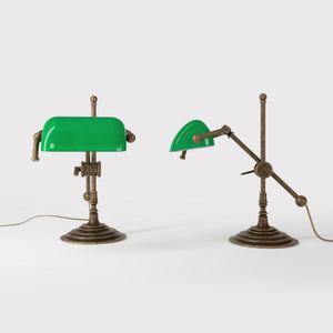 Mini brass desk lamp with green glass shade sliding arm on stem and turned circular base by Ghidini 1849 - Finish: OAS Antique Brass