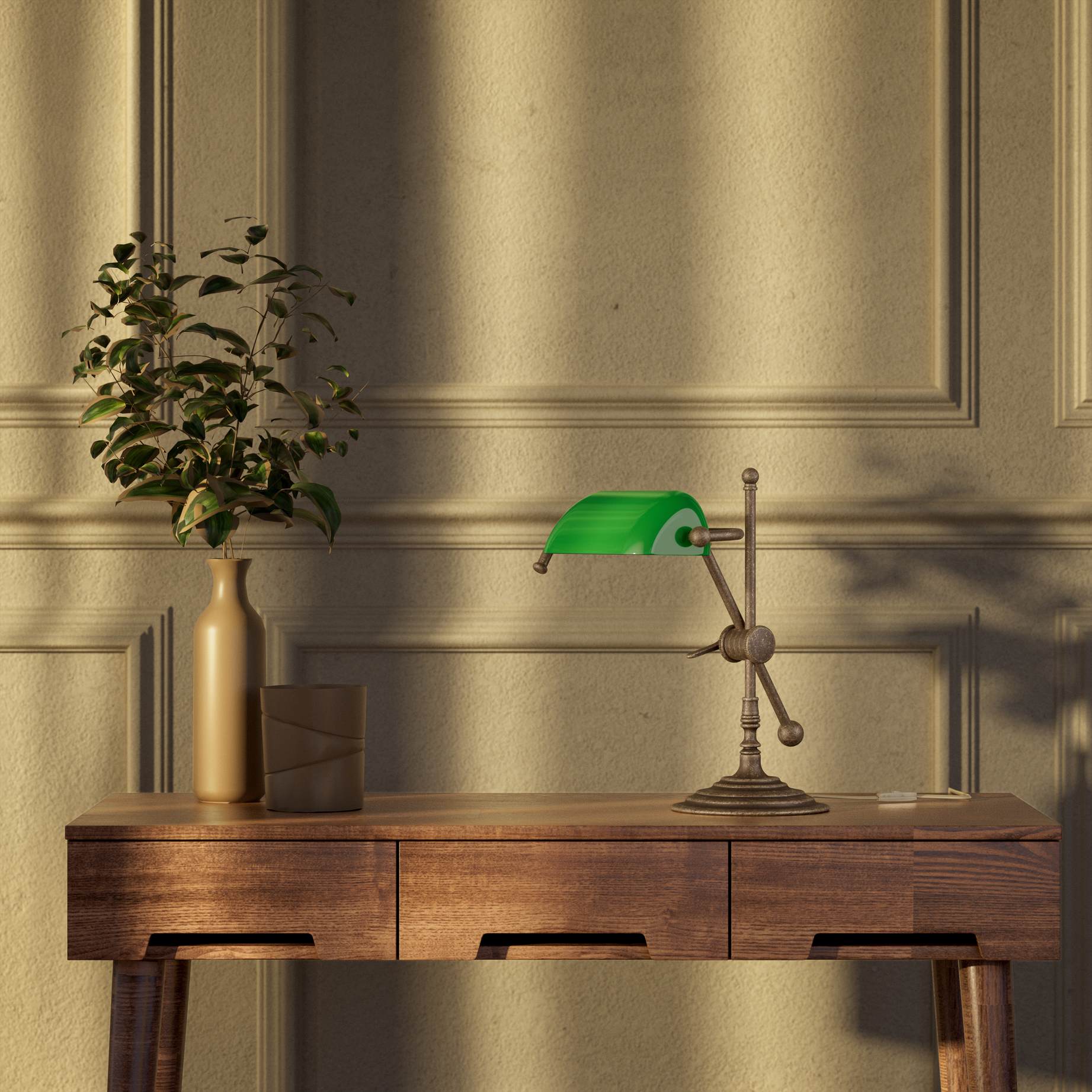 Mini brass desk lamp with green glass shade sliding arm on stem and turned circular base by Ghidini 1849 - Finish: OAS Antique Brass