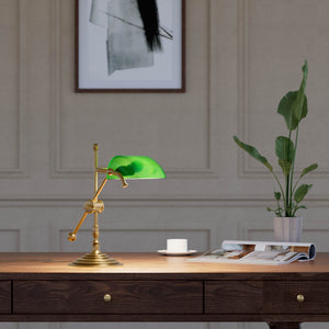 Mini brass desk lamp with green glass shade sliding arm on stem and turned circular base by Ghidini 1849 - Finish: OBS Bronze Satin Brass