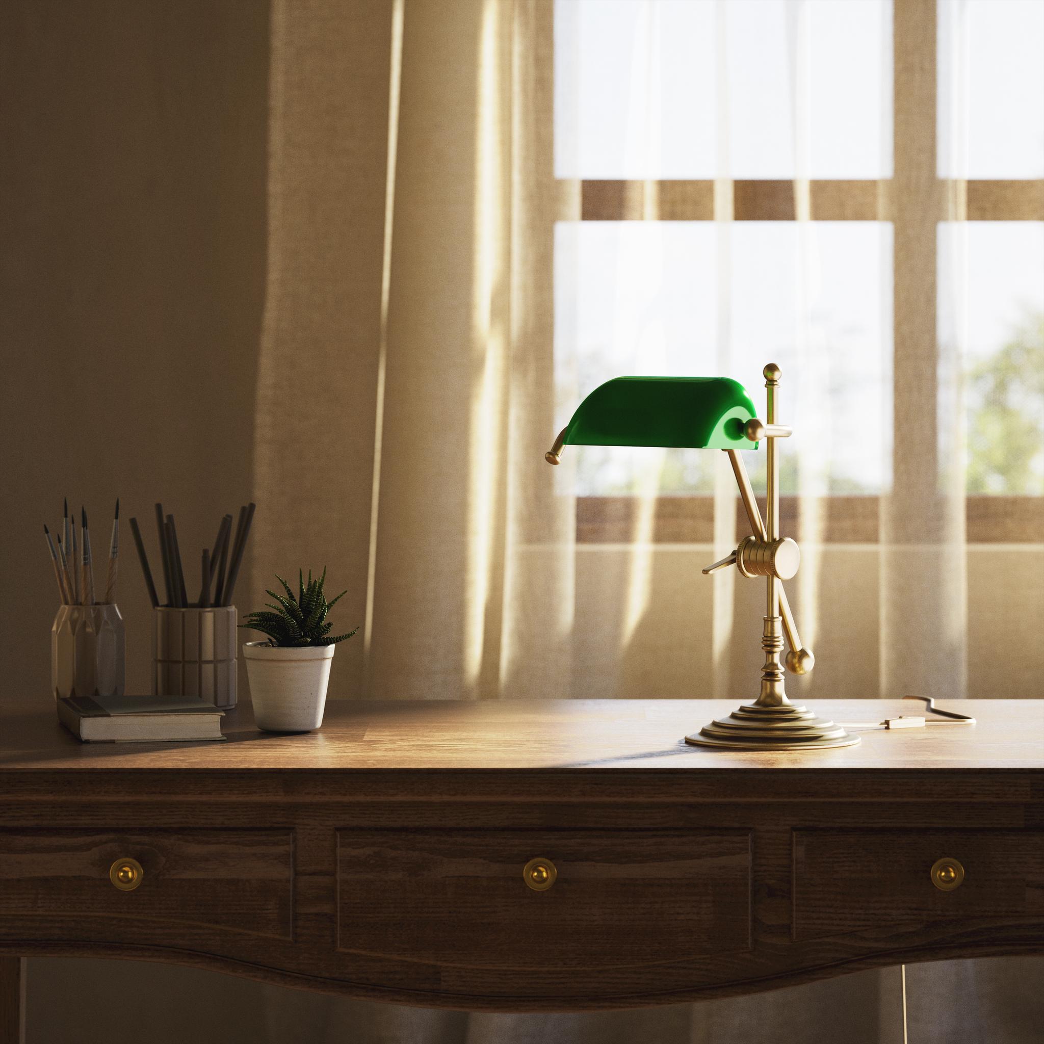 Mini brass desk lamp with green glass shade sliding arm on stem and turned circular base by Ghidini 1849 - Finish: OBS Bronze Satin Brass