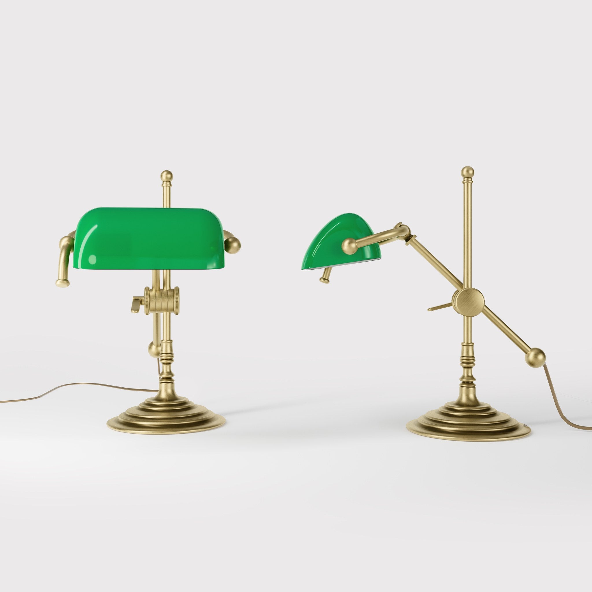 Mini brass desk lamp with green glass shade sliding arm on stem and turned circular base by Ghidini 1849 - Finish: OBV Bronze Satin Light Brass