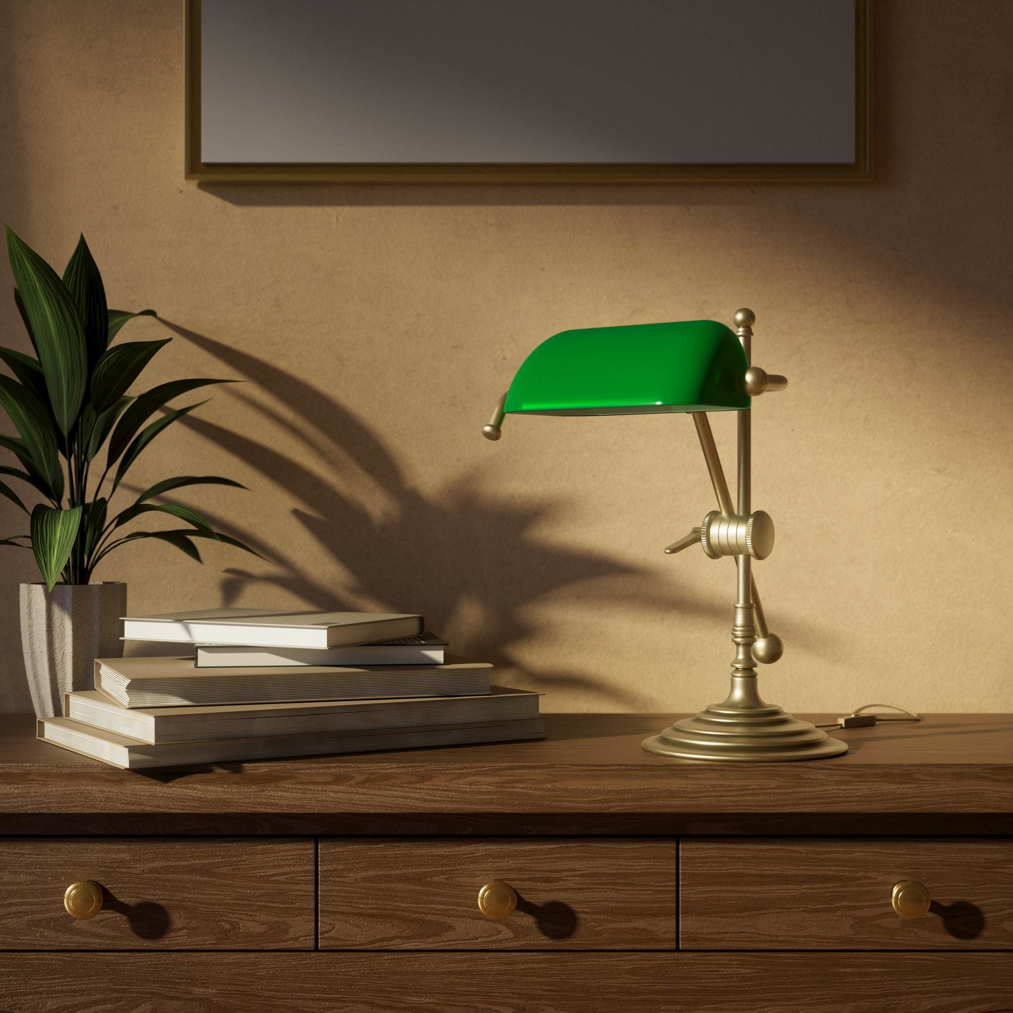 Mini brass desk lamp with green glass shade sliding arm on stem and turned circular base by Ghidini 1849 - Finish: OBV Bronze Satin Light Brass
