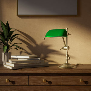 Mini brass desk lamp with green glass shade sliding arm on stem and turned circular base by Ghidini 1849 - Finish: OBV Bronze Satin Light Brass