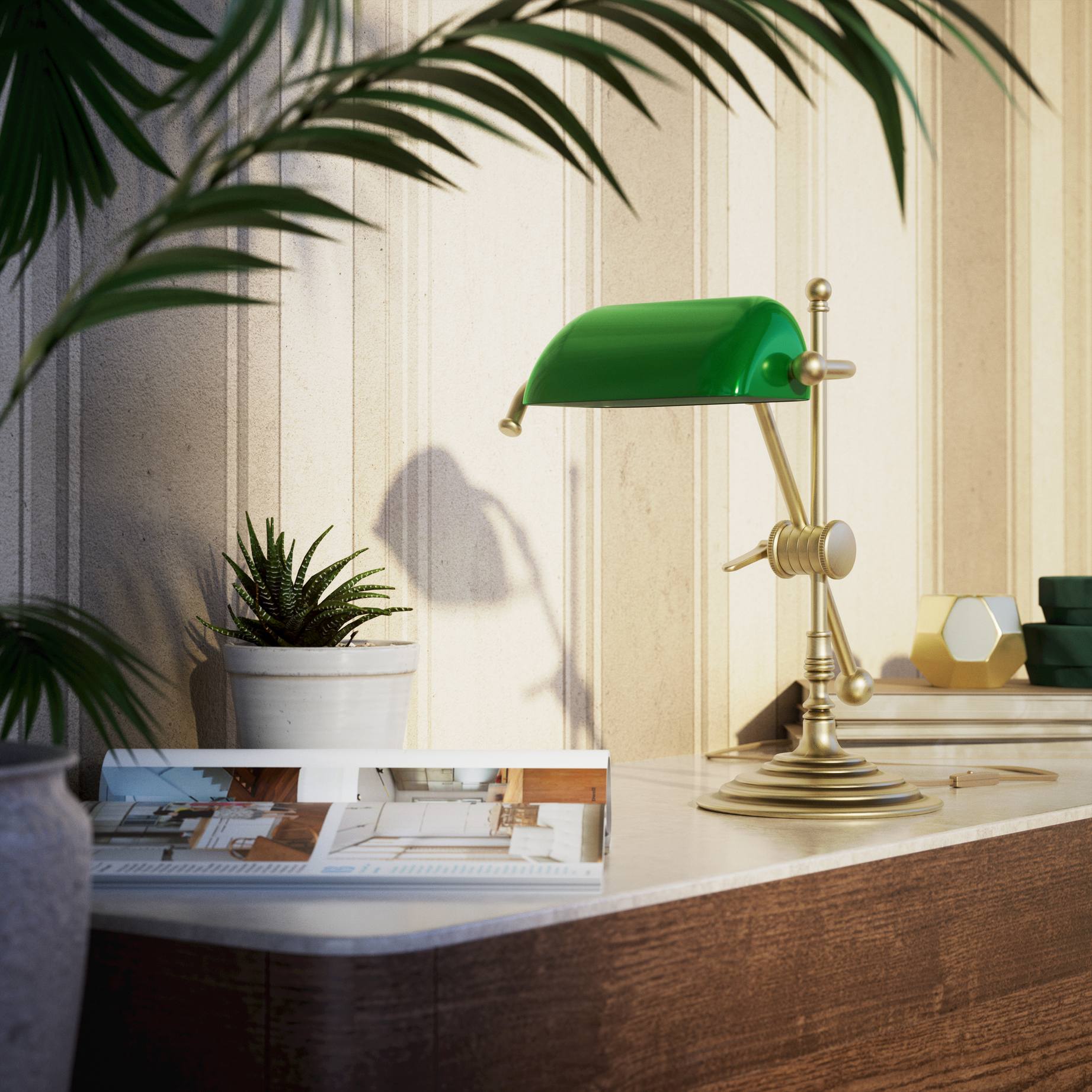 Mini brass desk lamp with green glass shade sliding arm on stem and turned circular base by Ghidini 1849 - Finish: OBV Bronze Satin Light Brass
