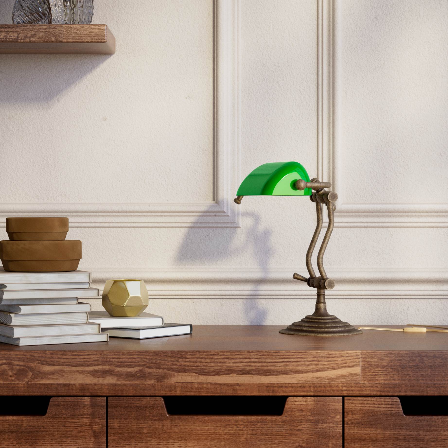 Compact brass desk lamp with green glass shade double joint system and stepped circular base by Ghidini 1849 - Finish: OAS Antique Brass