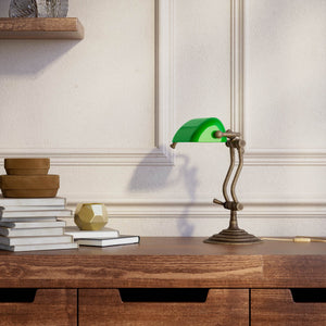 Compact brass desk lamp with green glass shade double joint system and stepped circular base by Ghidini 1849 - Finish: OAS Antique Brass