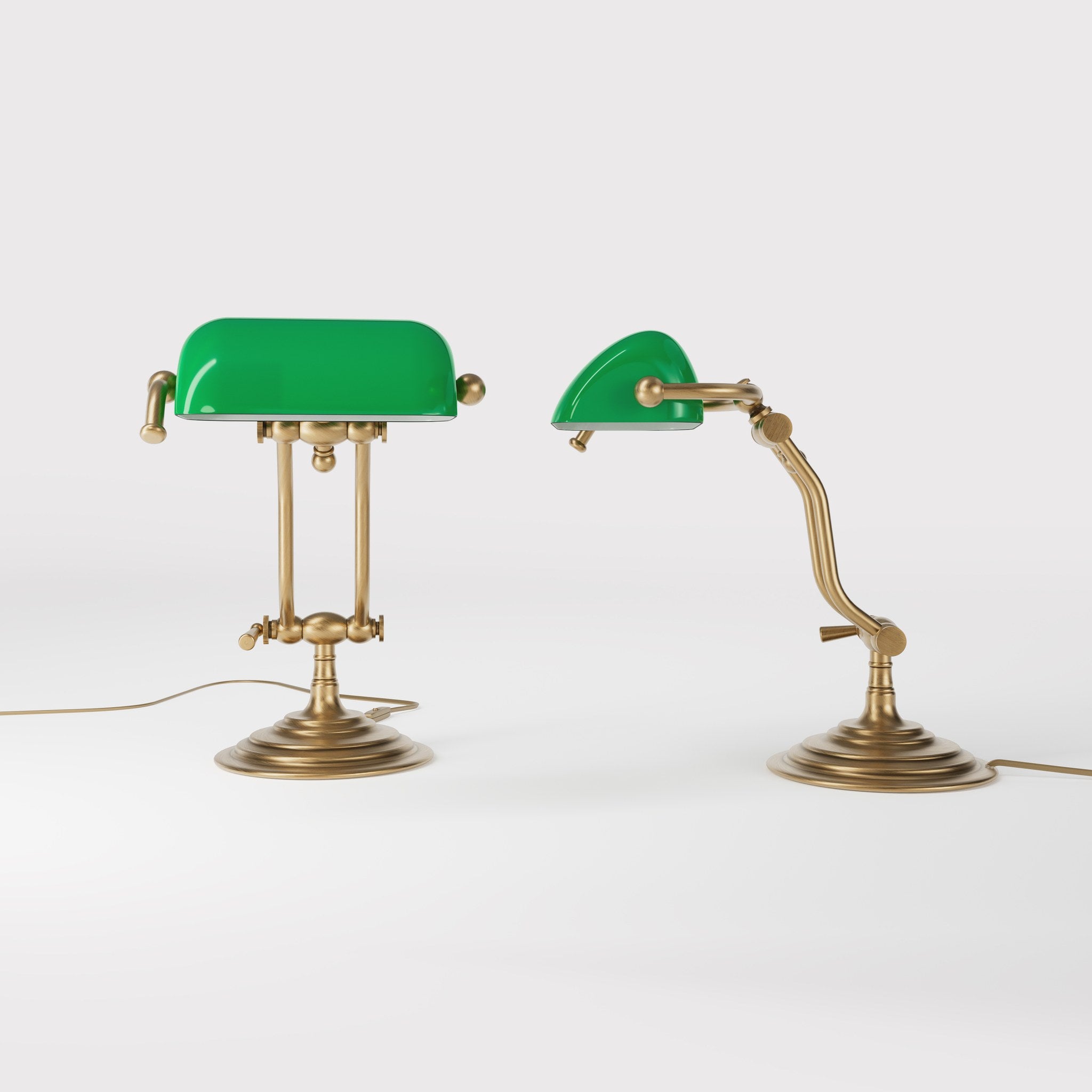 Compact brass desk lamp with green glass shade double joint system and stepped circular base by Ghidini 1849 - Finish: OBS Bronze Satin Brass