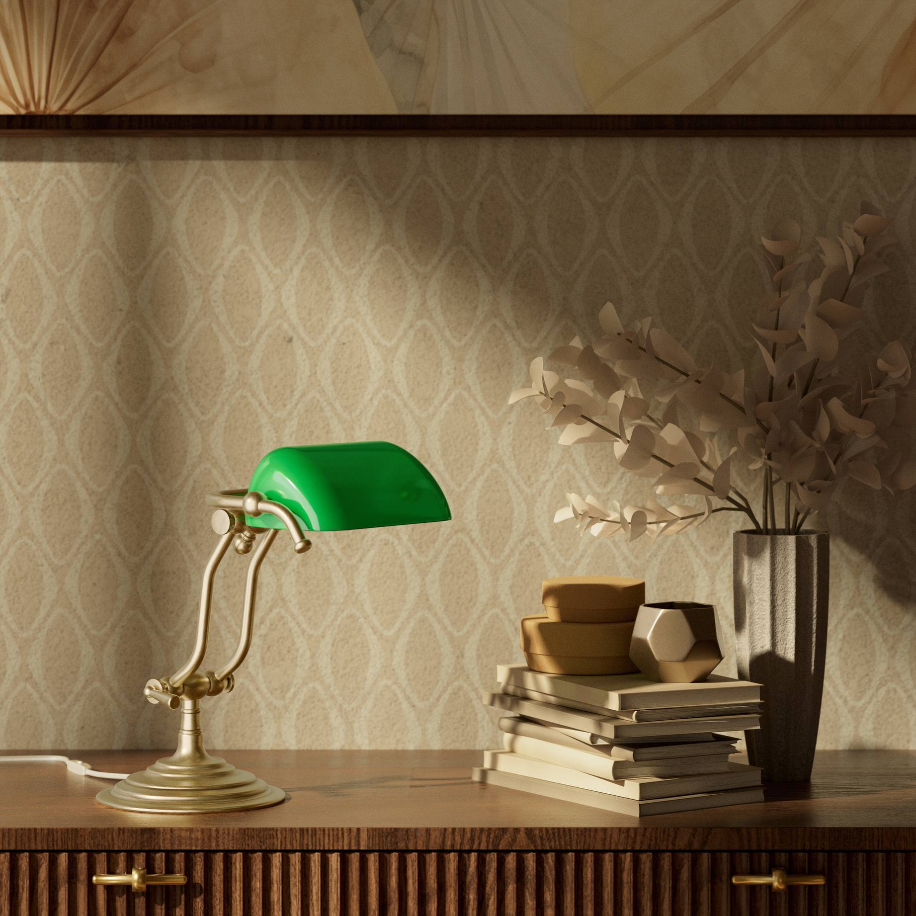 Compact brass desk lamp with green glass shade double joint system and stepped circular base by Ghidini 1849 - Finish: OBS Bronze Satin Brass