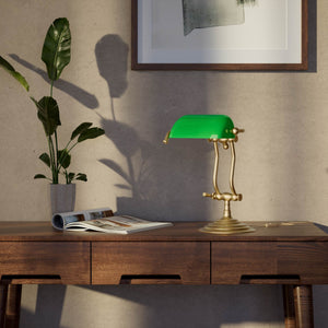 Compact brass desk lamp with green glass shade double joint system and stepped circular base by Ghidini 1849 - Finish: OBS Bronze Satin Brass
