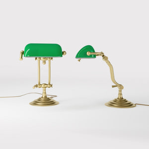 Compact brass desk lamp with green glass shade double joint system and stepped circular base by Ghidini 1849 - Finish: OBV Bronze Satin Light Brass
