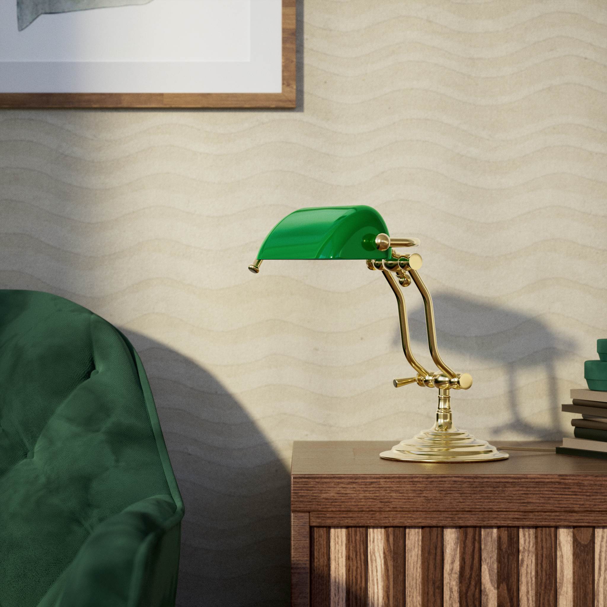 Compact brass desk lamp with green glass shade double joint system and stepped circular base by Ghidini 1849 - Finish: OLV Polished Brass