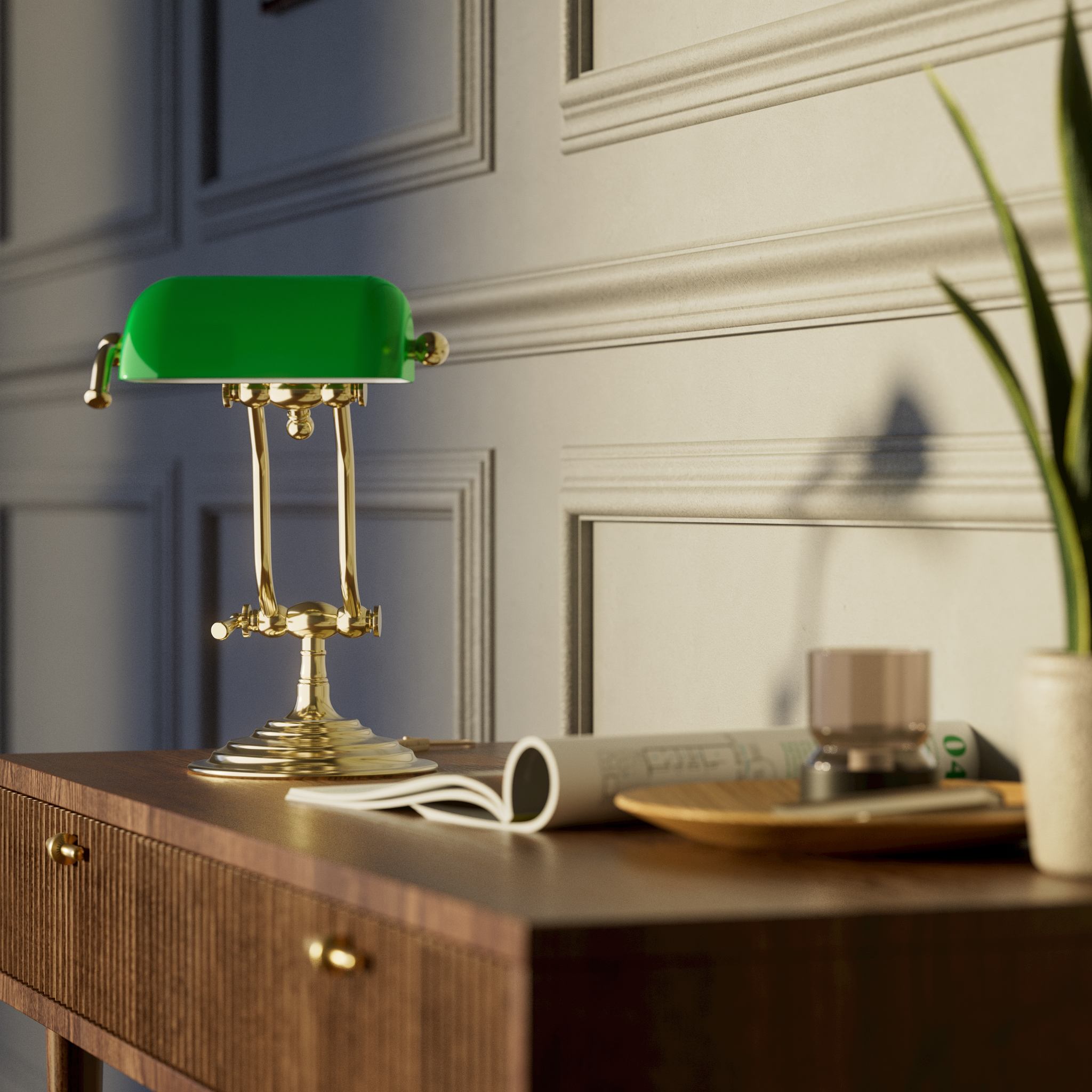 Compact brass desk lamp with green glass shade double joint system and stepped circular base by Ghidini 1849 - Finish: OLV Polished Brass