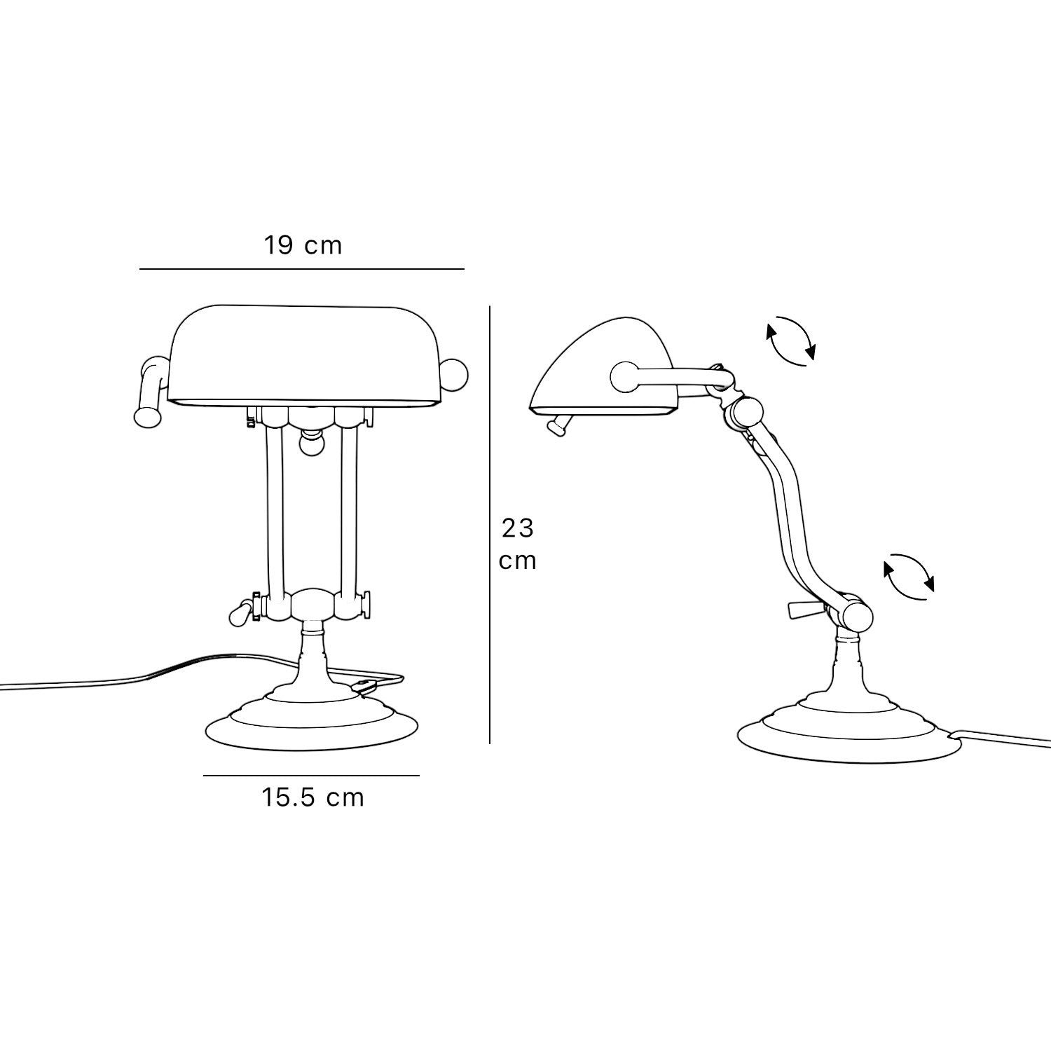 Compact brass desk lamp with green glass shade double joint system and stepped circular base by Ghidini 1849