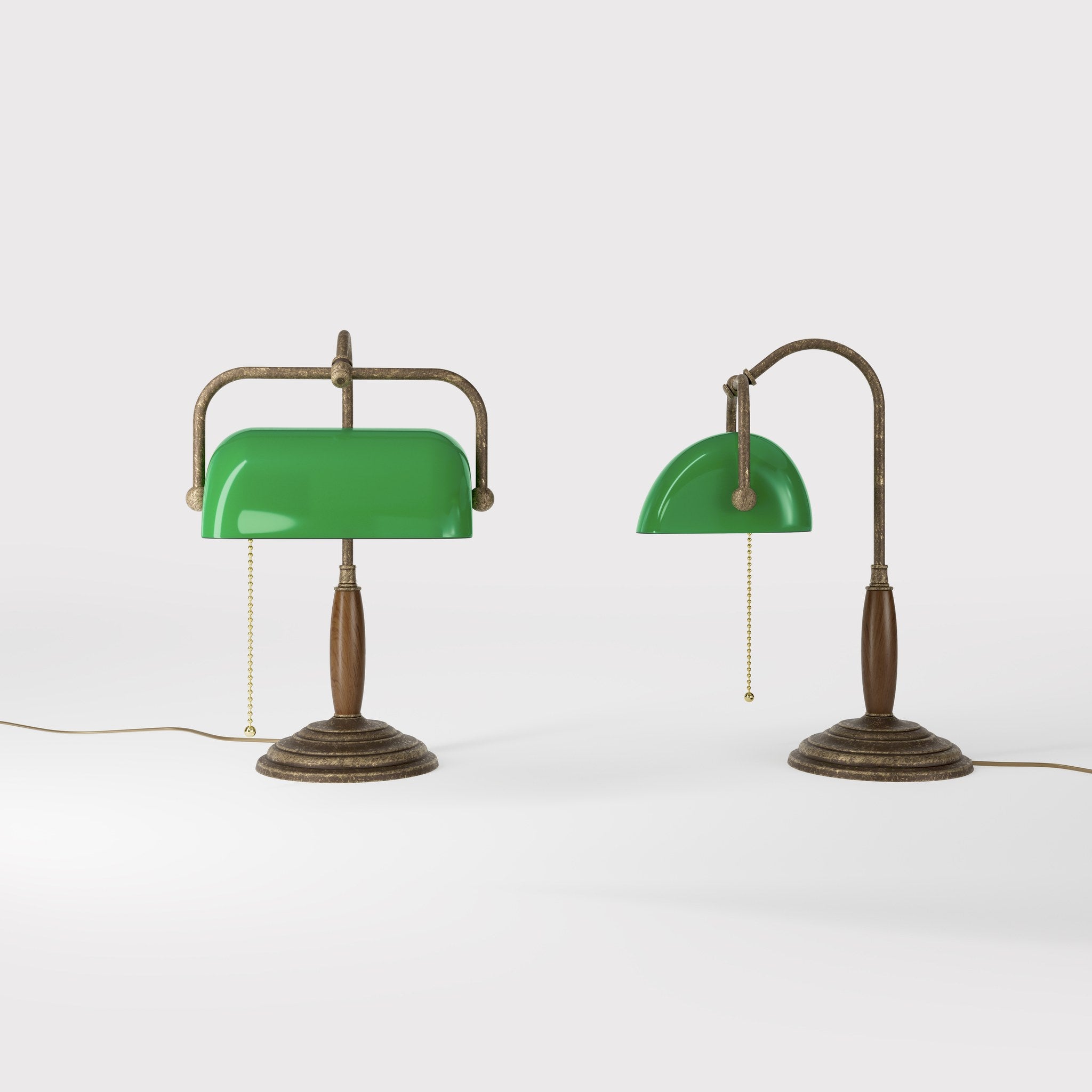 Brass and wood desk lamp with green glass shade chain pull switch and stepped concentric base by Ghidini 1849 - Finish: OAS Antique Brass
