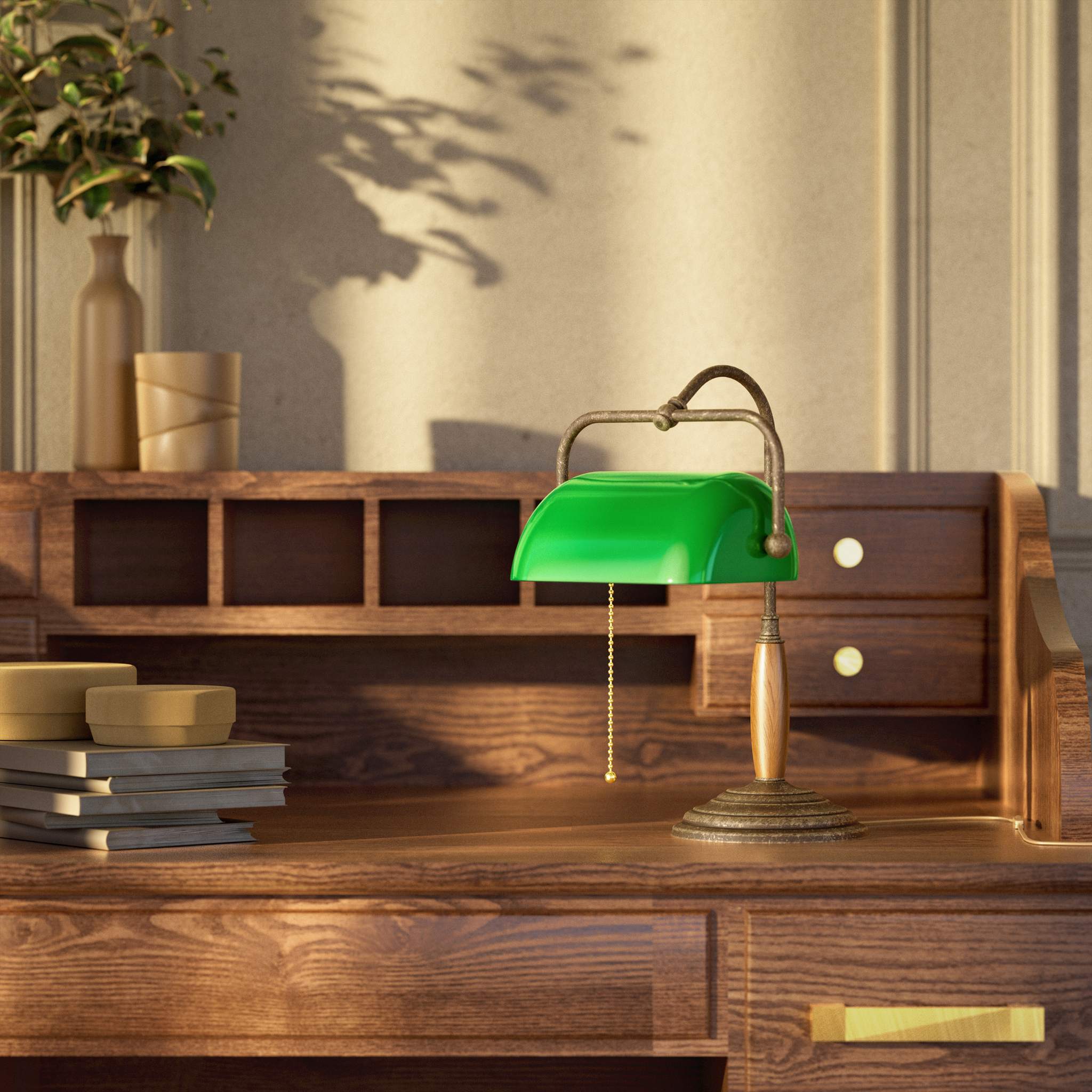 Brass and wood desk lamp with green glass shade chain pull switch and stepped concentric base by Ghidini 1849 - Finish: OAS Antique Brass