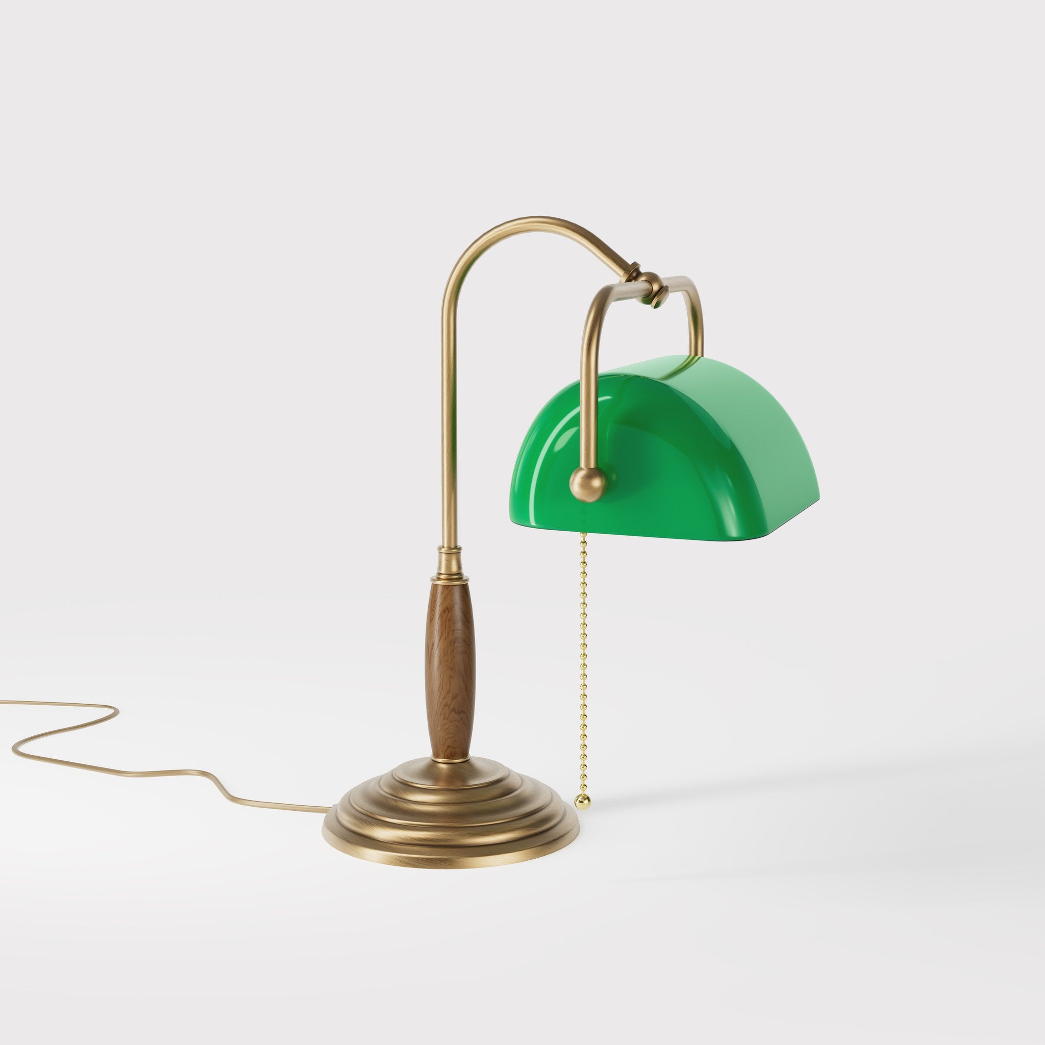 Brass and wood desk lamp with green glass shade chain pull switch and stepped concentric base by Ghidini 1849 - Finish: OBS Bronze Satin Brass