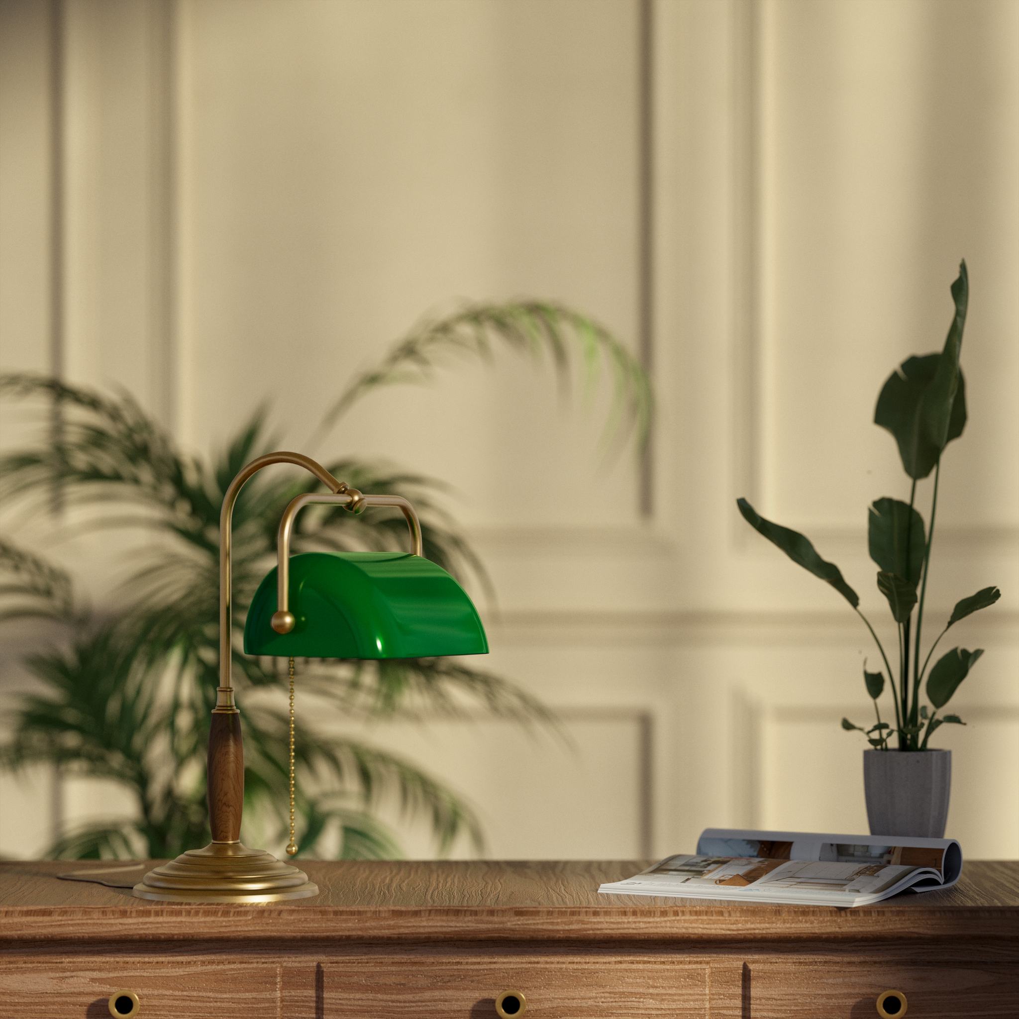 Brass and wood desk lamp with green glass shade chain pull switch and stepped concentric base by Ghidini 1849 - Finish: OBS Bronze Satin Brass