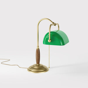 Brass and wood desk lamp with green glass shade chain pull switch and stepped concentric base by Ghidini 1849 - Finish: OBV Bronze Satin Light Brass