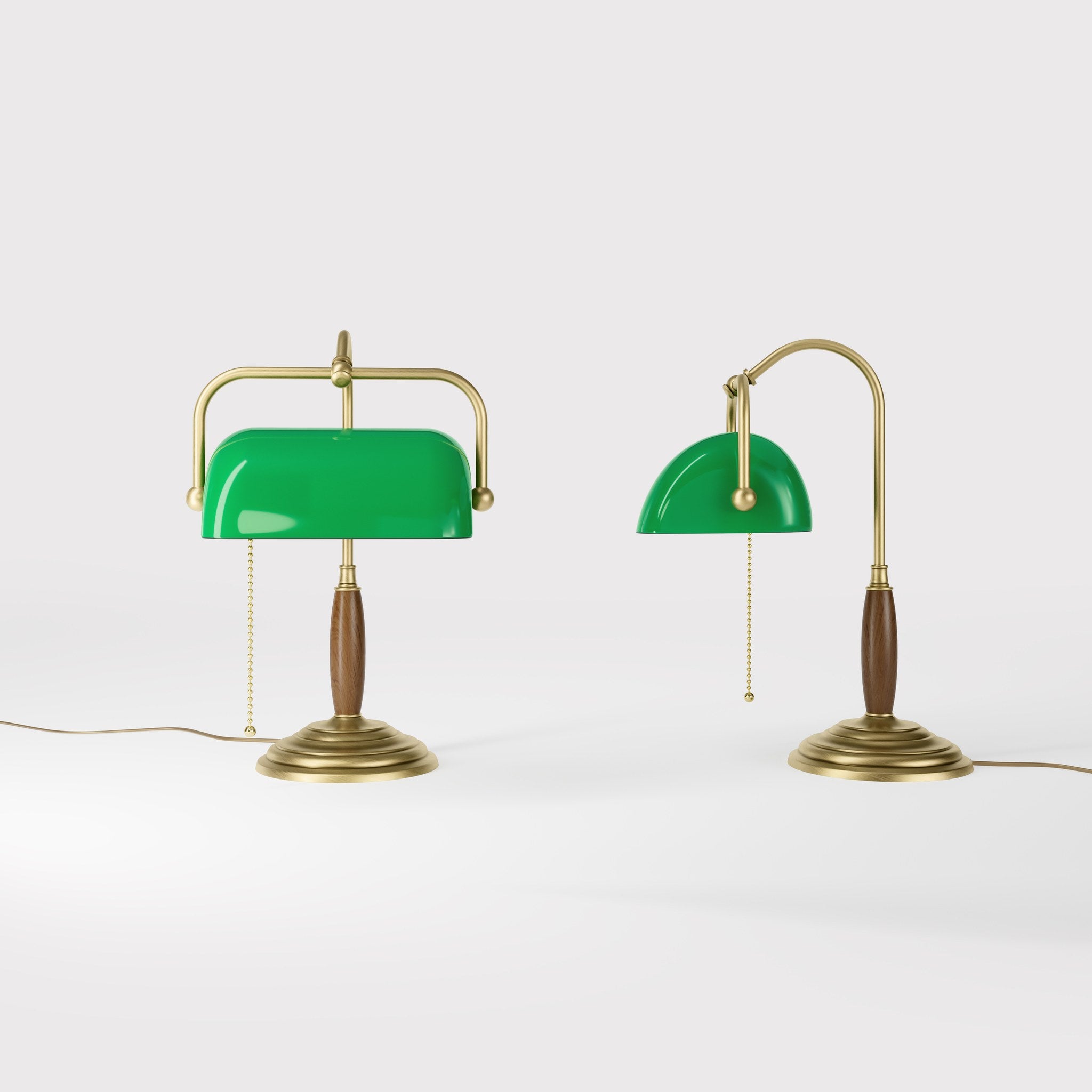 Brass and wood desk lamp with green glass shade chain pull switch and stepped concentric base by Ghidini 1849 - Finish: OBV Bronze Satin Light Brass