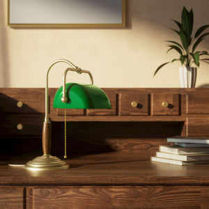 Brass and wood desk lamp with green glass shade chain pull switch and stepped concentric base by Ghidini 1849 - Finish: OBV Bronze Satin Light Brass