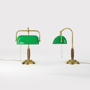 Brass and wood desk lamp with green glass shade chain pull switch and stepped concentric base by Ghidini 1849 - Finish: OLV Polished Brass