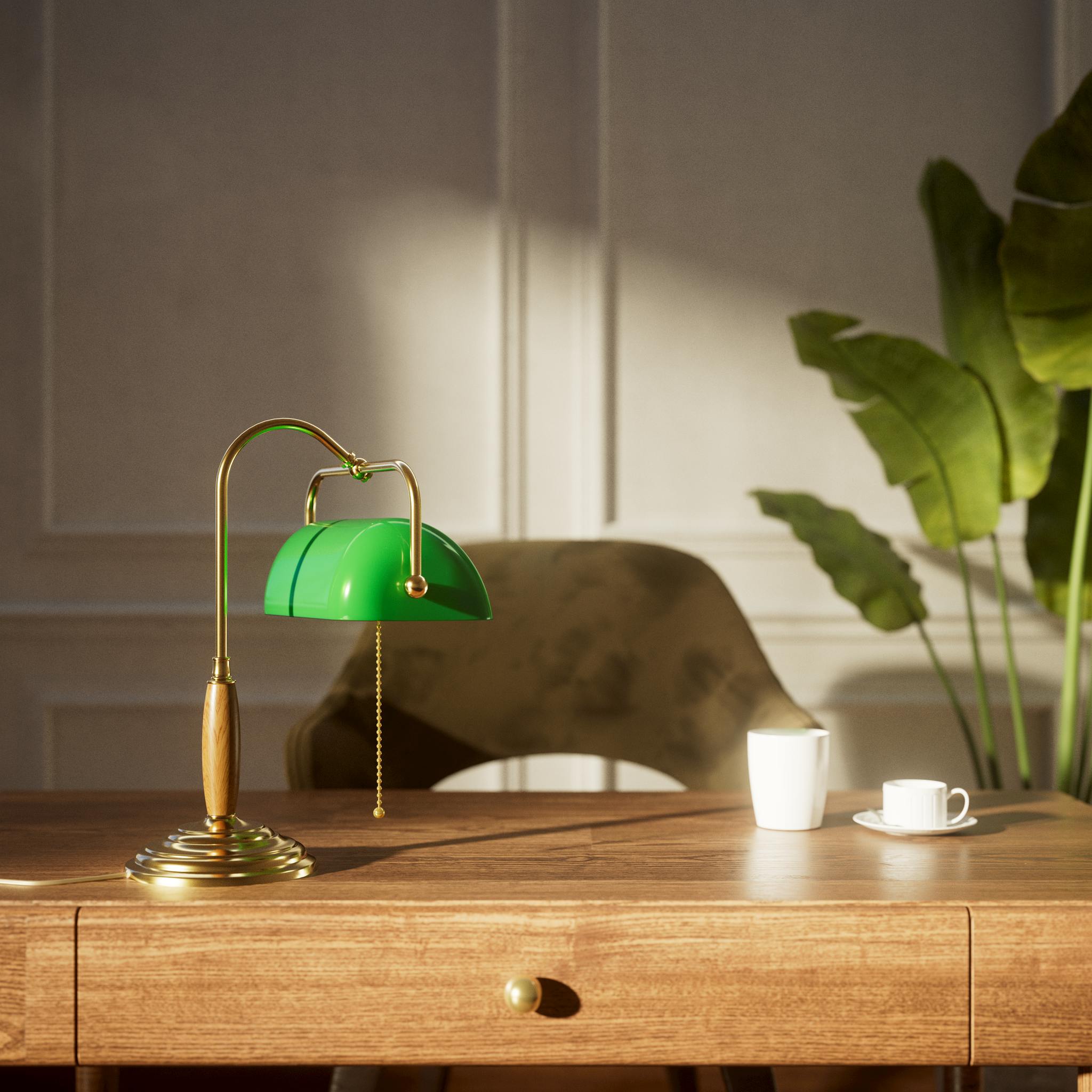 Brass and wood desk lamp with green glass shade chain pull switch and stepped concentric base by Ghidini 1849 - Finish: OLV Polished Brass