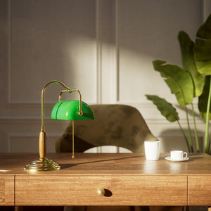 Brass and wood desk lamp with green glass shade chain pull switch and stepped concentric base by Ghidini 1849 - Finish: OLV Polished Brass