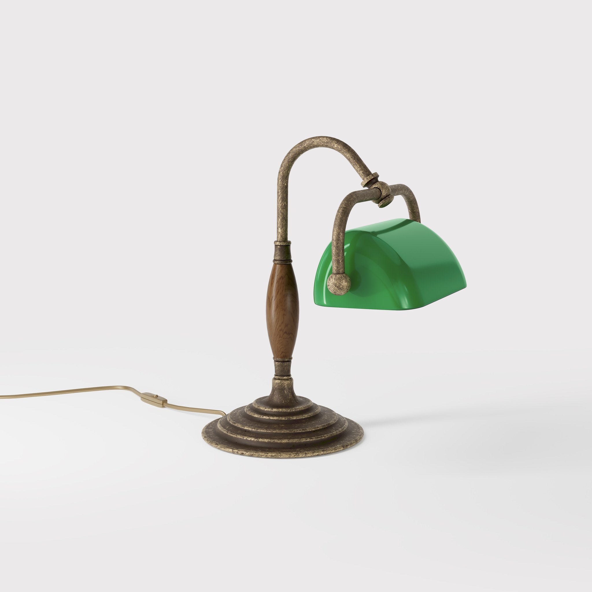 Petite brass and wood desk lamp with compact green shade and stepped concentric base in reduced format by Ghidini 1849 - Finish: OAS Antique Brass