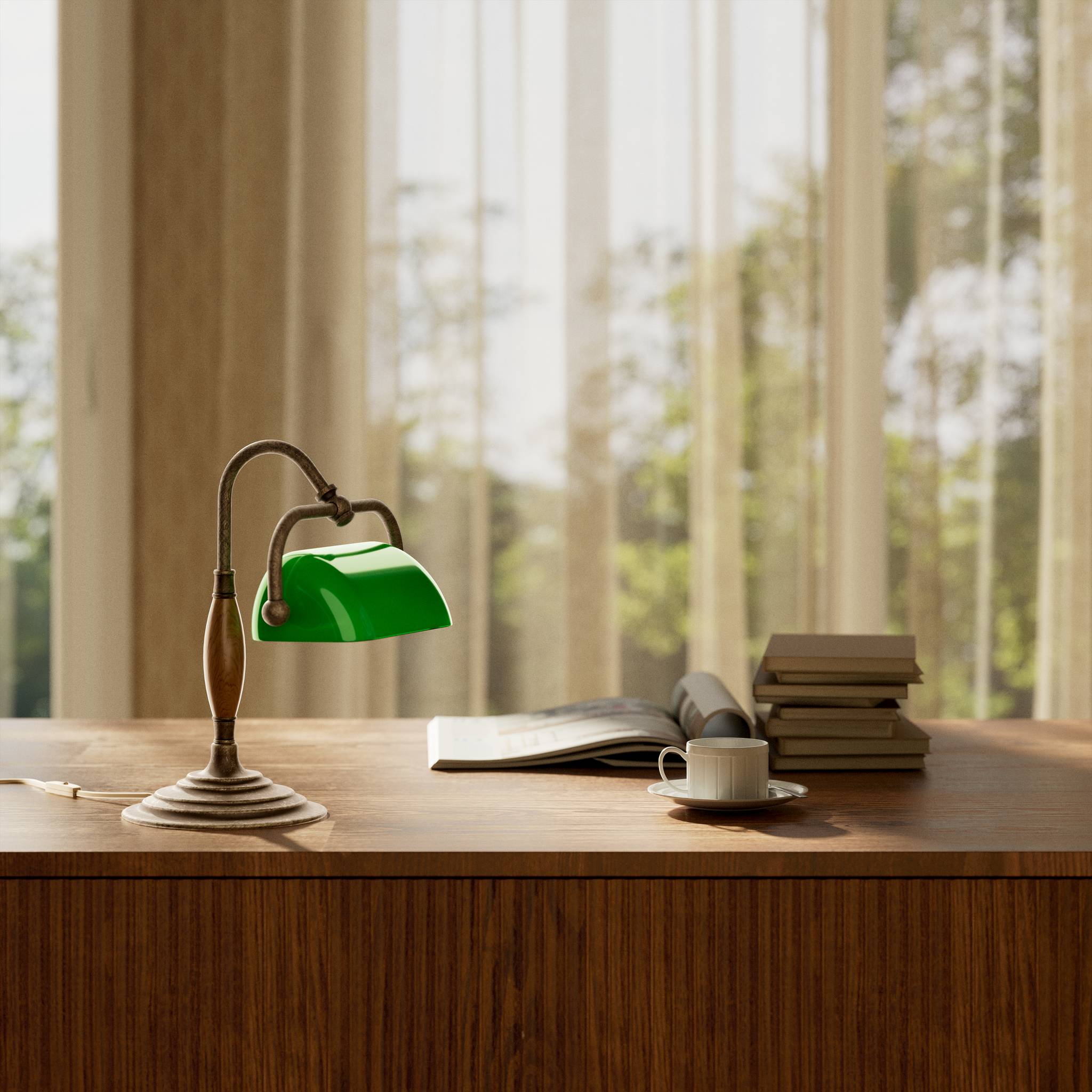 Petite brass and wood desk lamp with compact green shade and stepped concentric base in reduced format by Ghidini 1849 - Finish: OAS Antique Brass