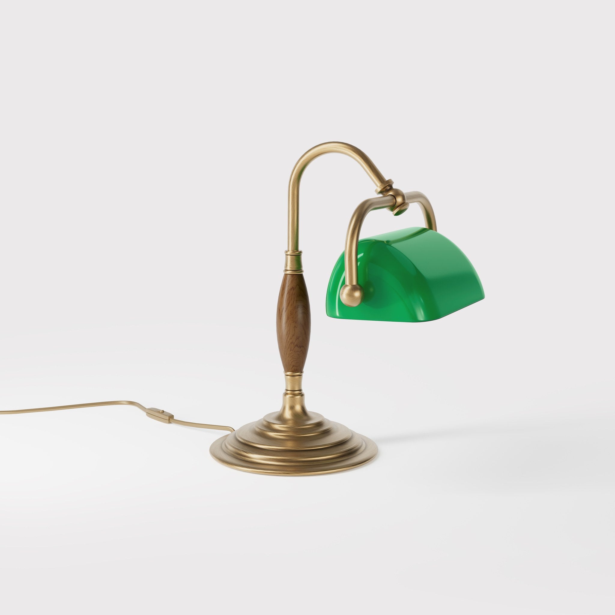 Petite brass and wood desk lamp with compact green shade and stepped concentric base in reduced format by Ghidini 1849 - Finish: OBS Bronze Satin Brass