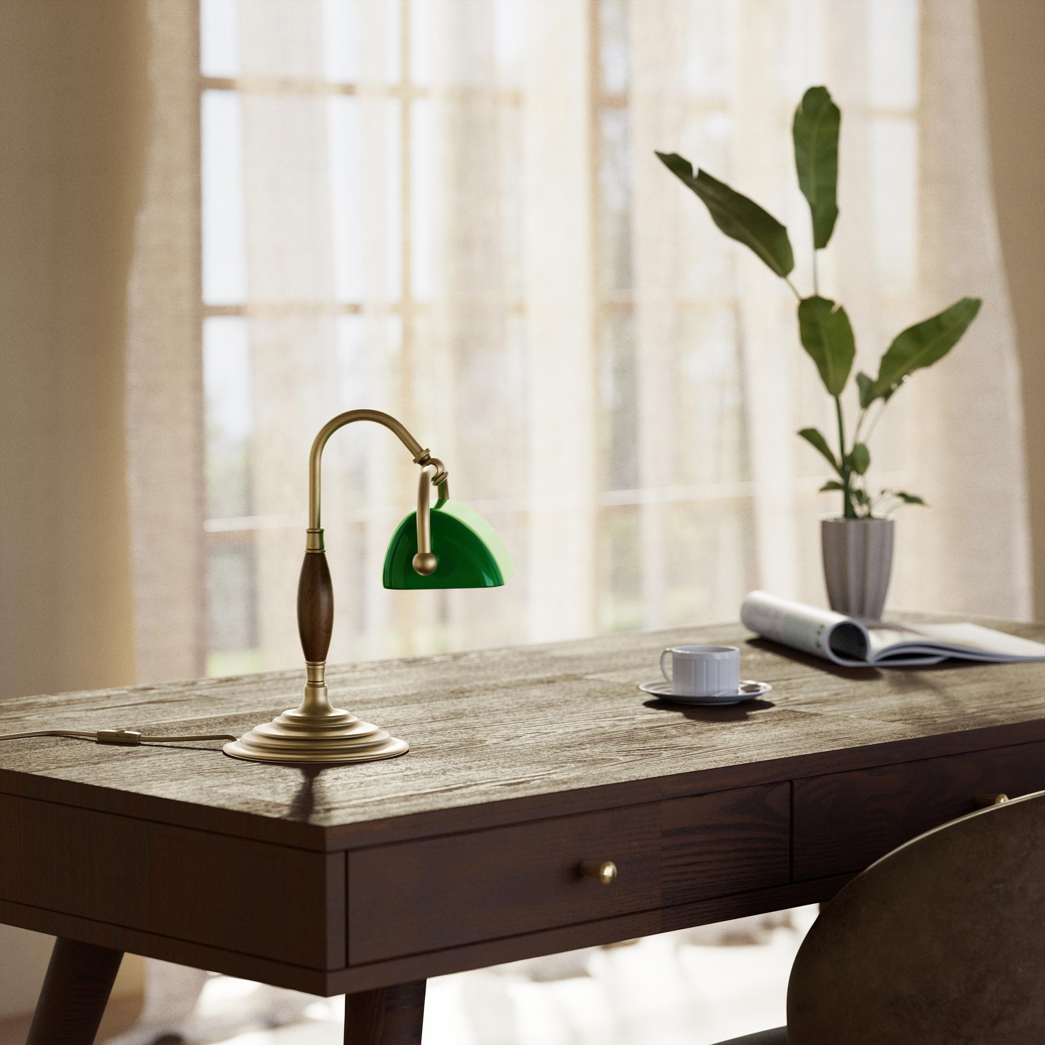 Petite brass and wood desk lamp with compact green shade and stepped concentric base in reduced format by Ghidini 1849 - Finish: OBS Bronze Satin Brass