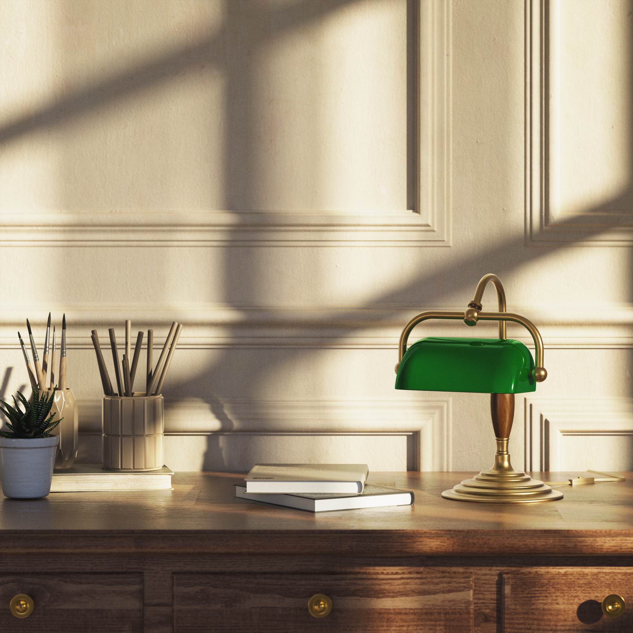 Petite brass and wood desk lamp with compact green shade and stepped concentric base in reduced format by Ghidini 1849 - Finish: OBS Bronze Satin Brass