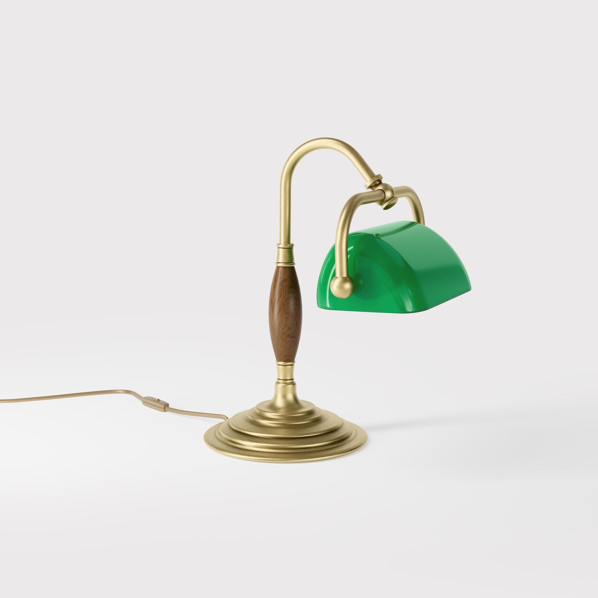 Petite brass and wood desk lamp with compact green shade and stepped concentric base in reduced format by Ghidini 1849 - Finish: OBV Bronze Satin Light Brass
