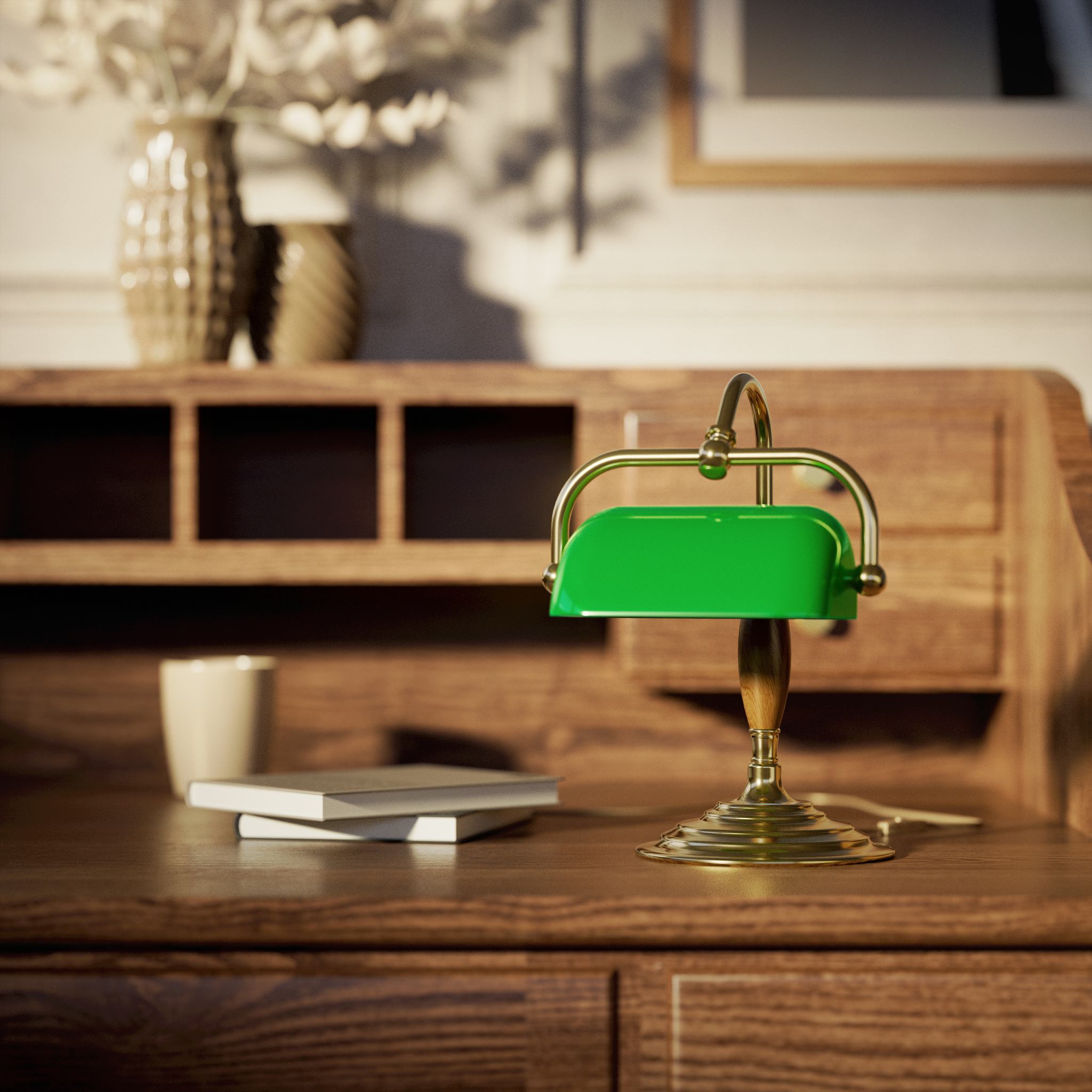 Petite brass and wood desk lamp with compact green shade and stepped concentric base in reduced format by Ghidini 1849 - Finish: OLV Polished Brass