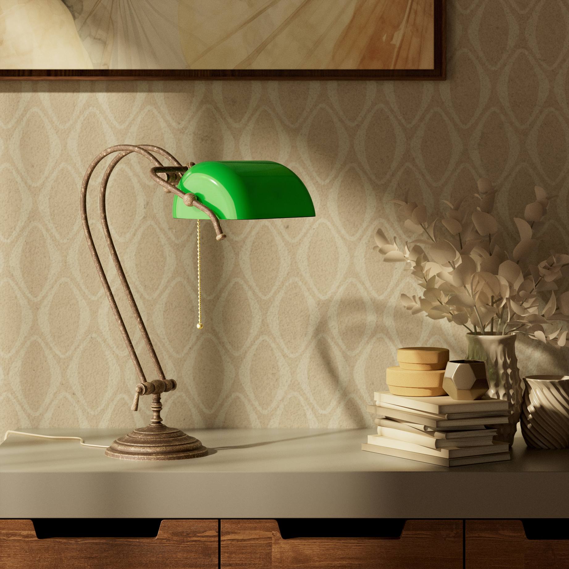 Classic banker's desk lamp with green glass shade and adjustable brass structure featuring dual joints and pull chain switch by Ghidini 1849 - Finish: OAS Antique Brass