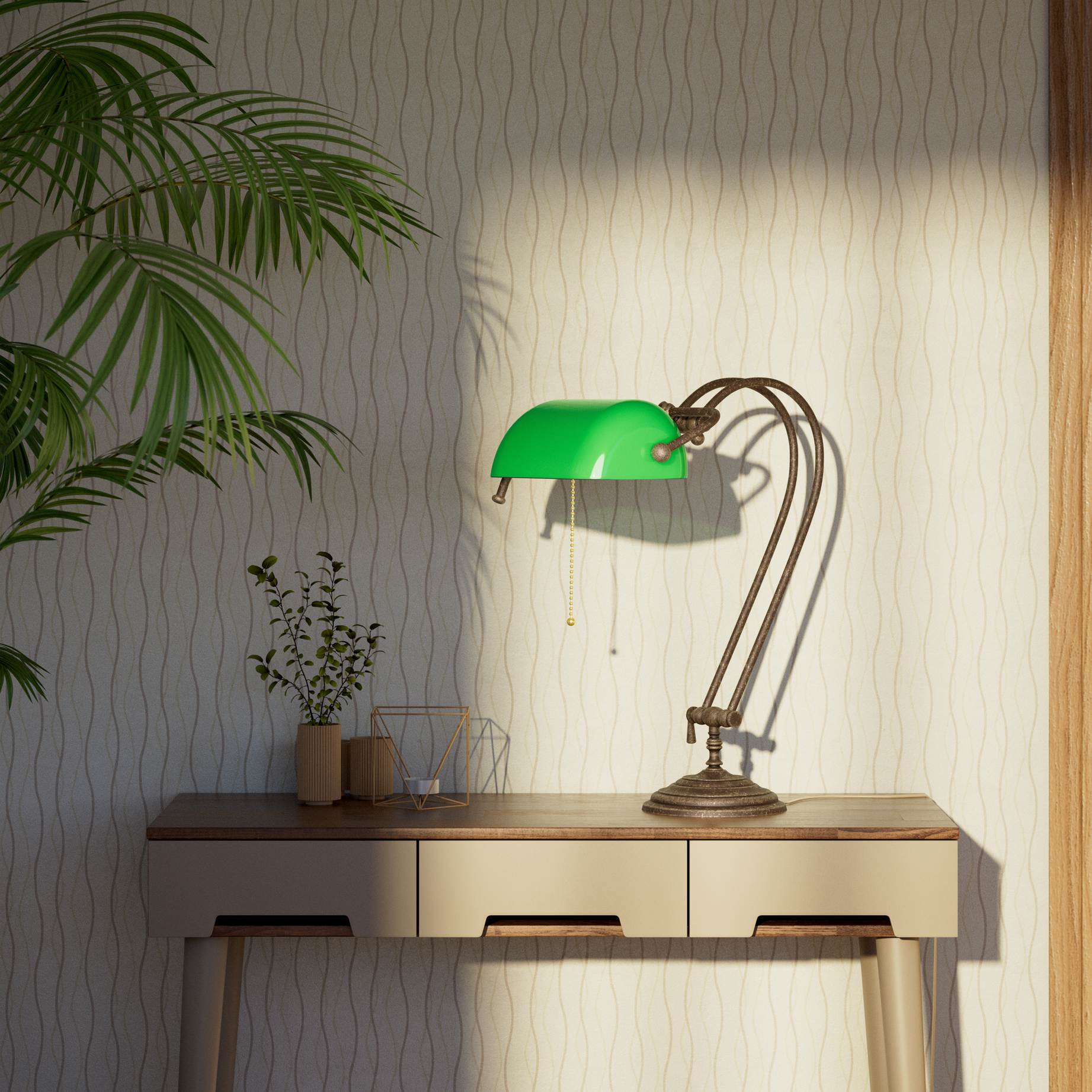 Classic banker's desk lamp with green glass shade and adjustable brass structure featuring dual joints and pull chain switch by Ghidini 1849 - Finish: OAS Antique Brass